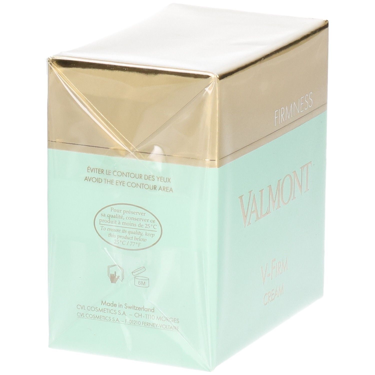 Valmont V-Firm Cream verpakking, zijkant met waarschuwing voor oogcontour en "Made in Switzerland".