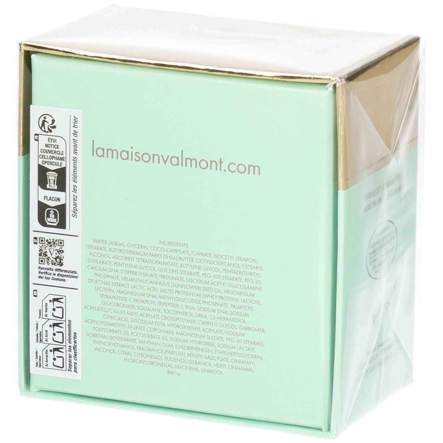 Valmont V-Firm Cream verpakking, achterkant met ingrediëntenlijst en "lamaisonvalmont.com".