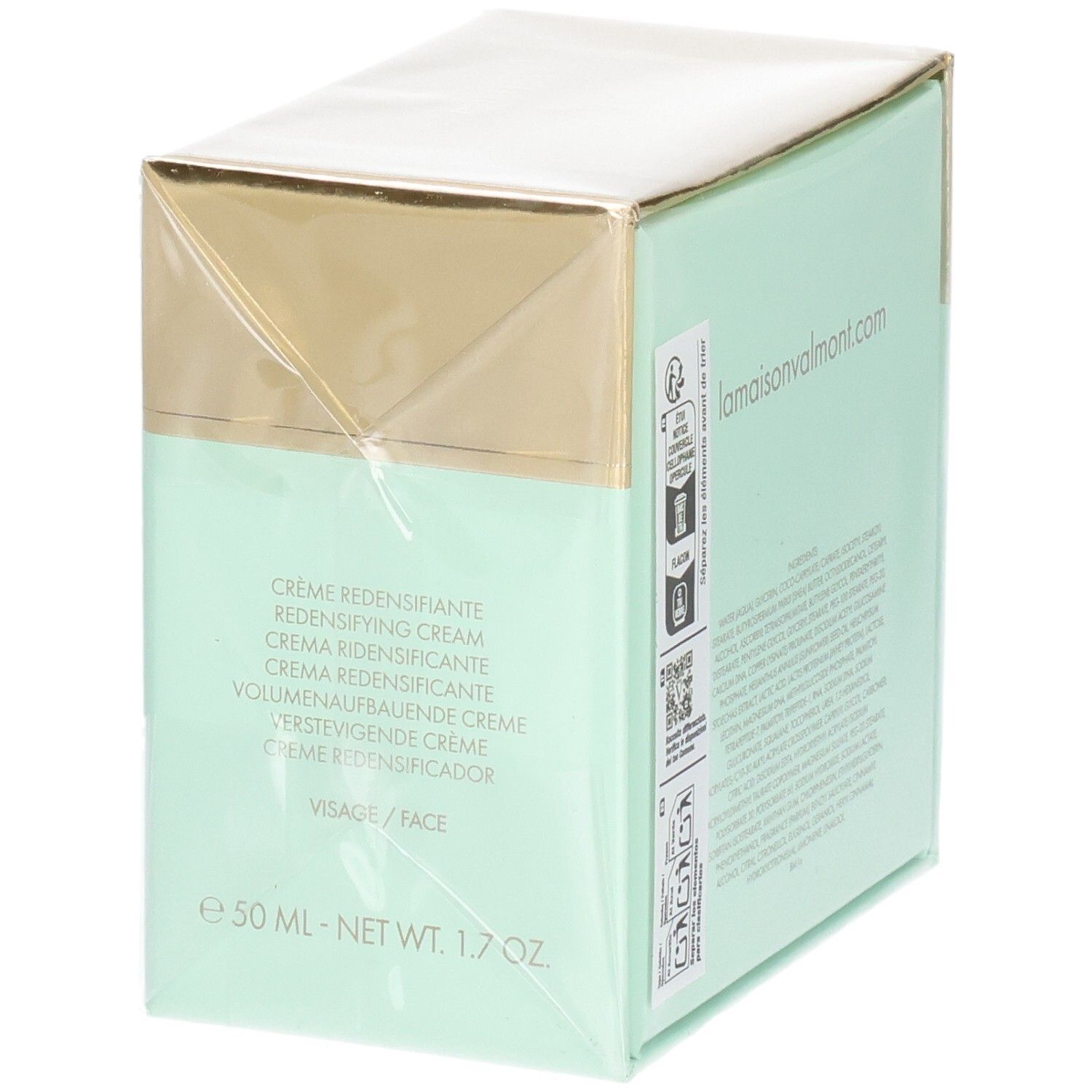 Valmont V-Firm Cream verpakking, zijkant met meertalige productnamen en "50 ML - NET WT 1.7 OZ".