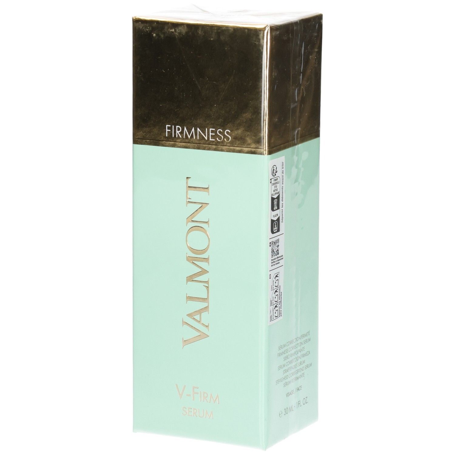 VALMONT V-Firm Serum doos met gouden dop en reliëf.