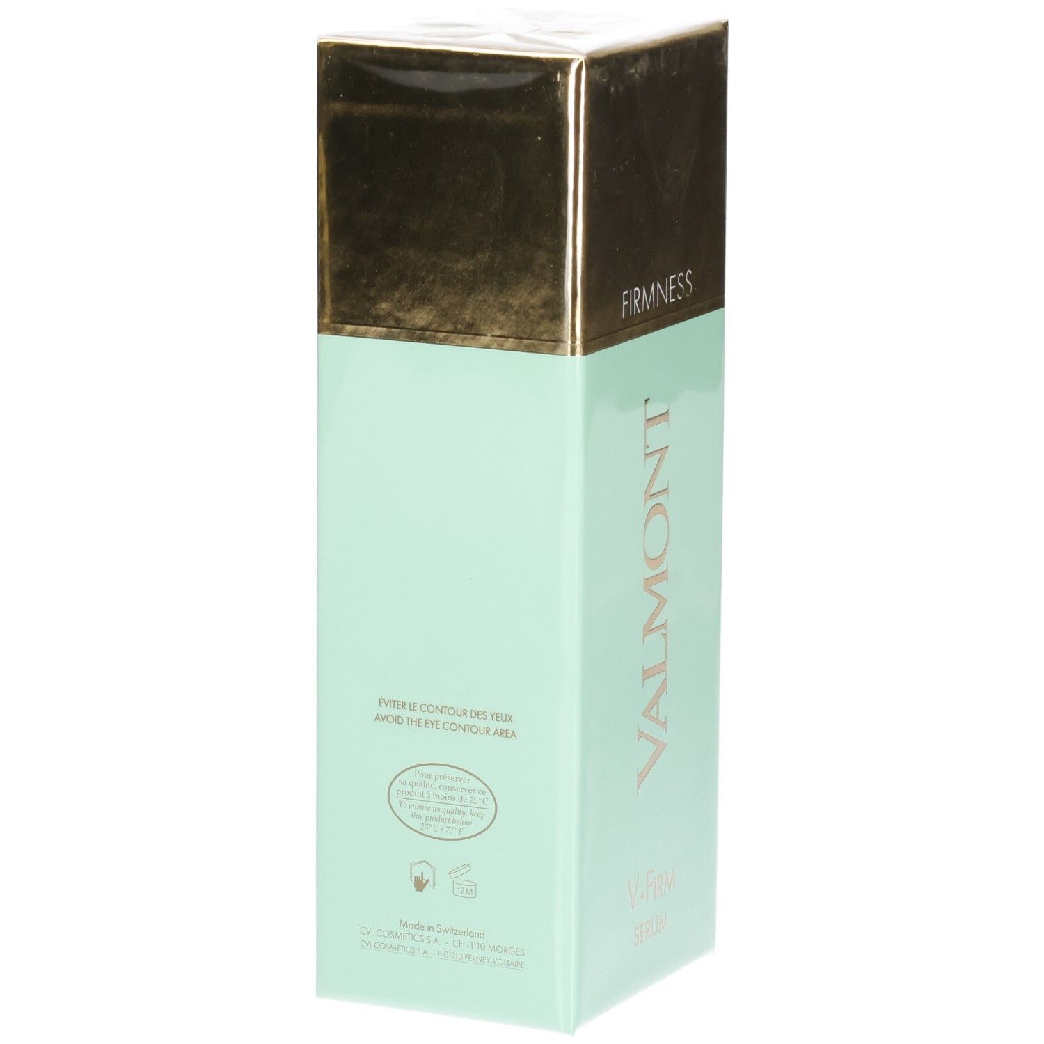 VALMONT V-Firm Serum doos, achterkant met productinformatie en zegels.
