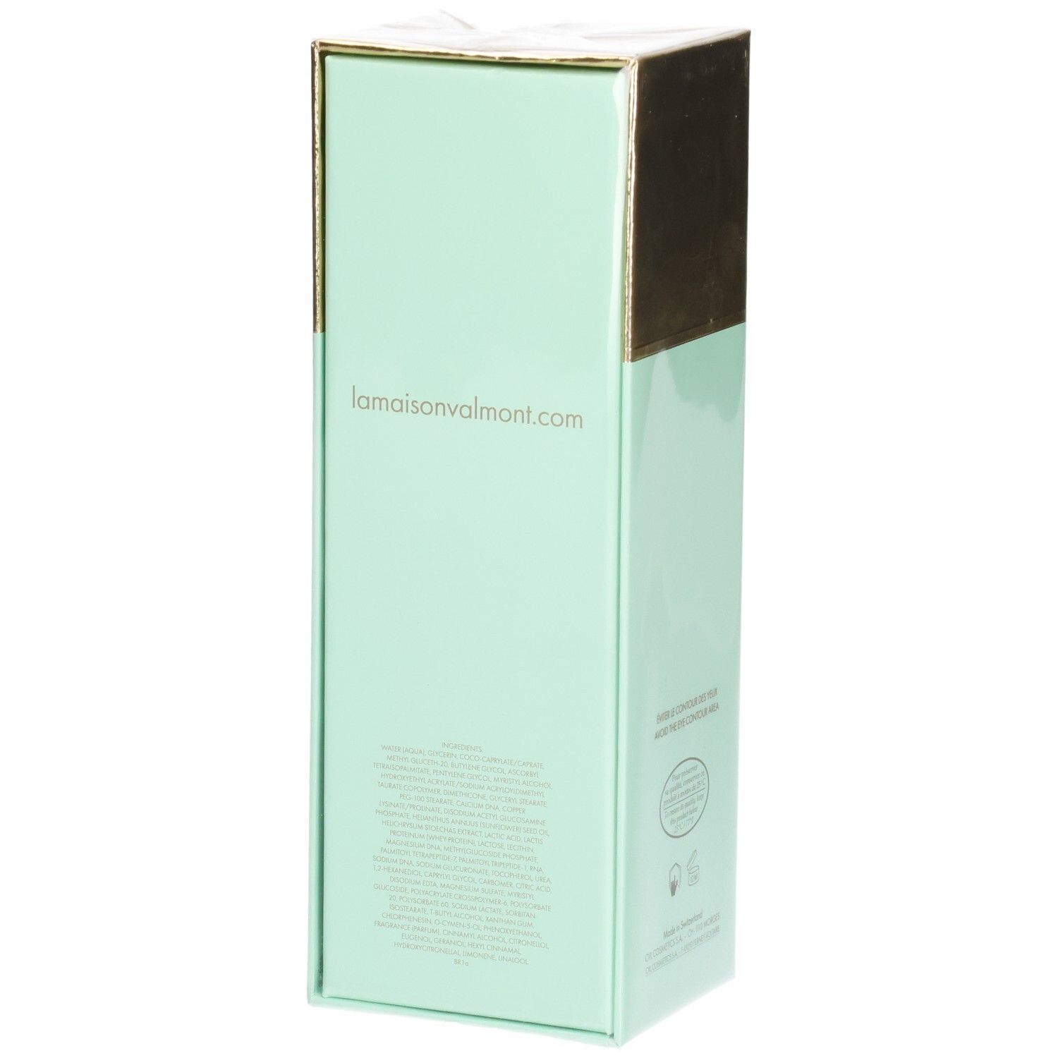 VALMONT V-Firm Serum doos, zijkant met websiteadres en tekst.