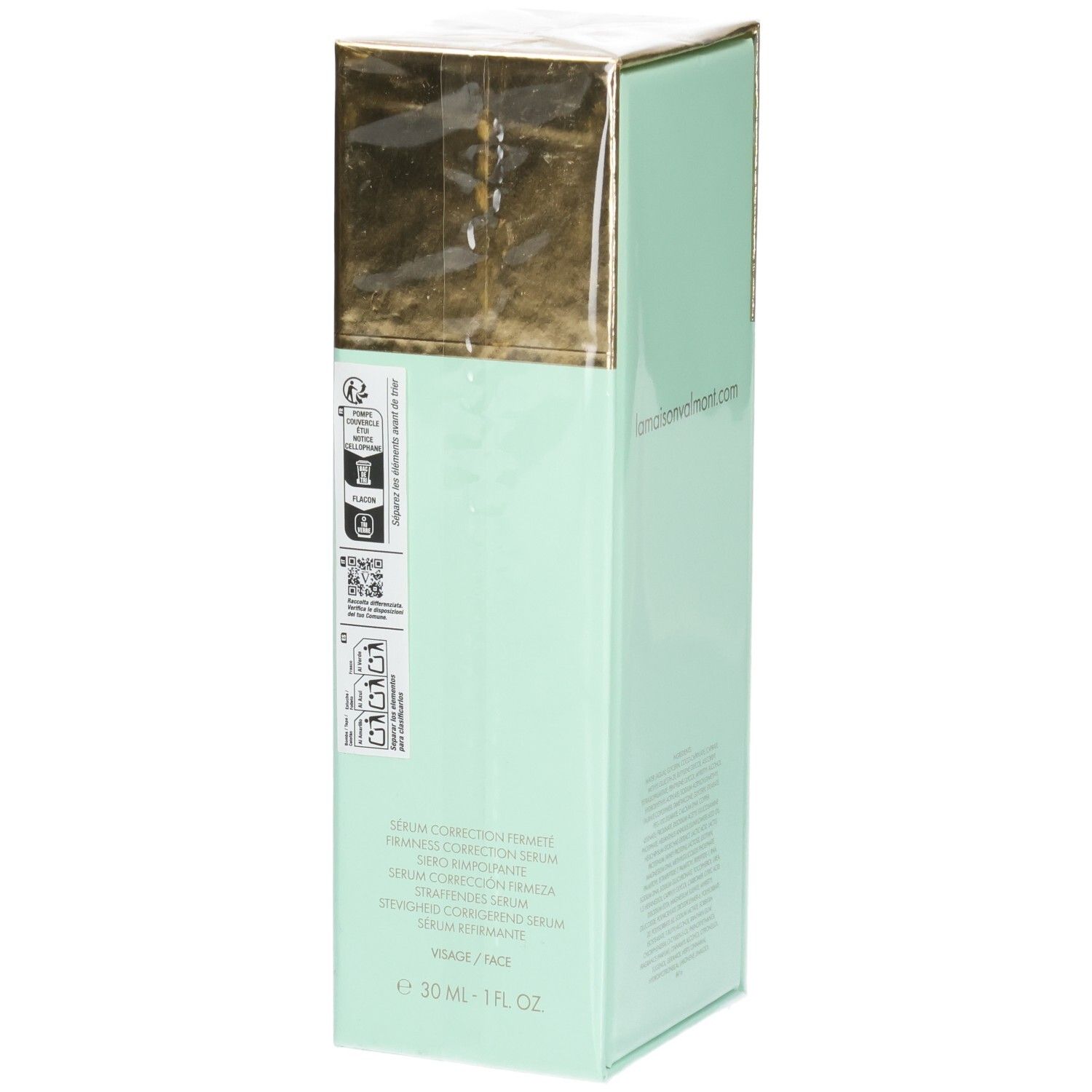 VALMONT V-Firm Serum doos, zijkant met zegels en productnaam.