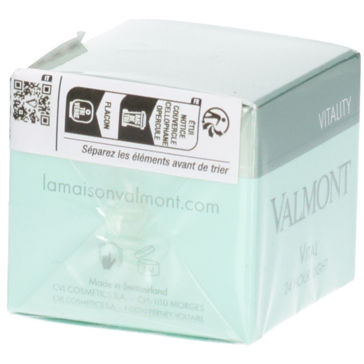 Emballage VALMONT Vital 24 Hour Light avec QR code et instructions de tri.