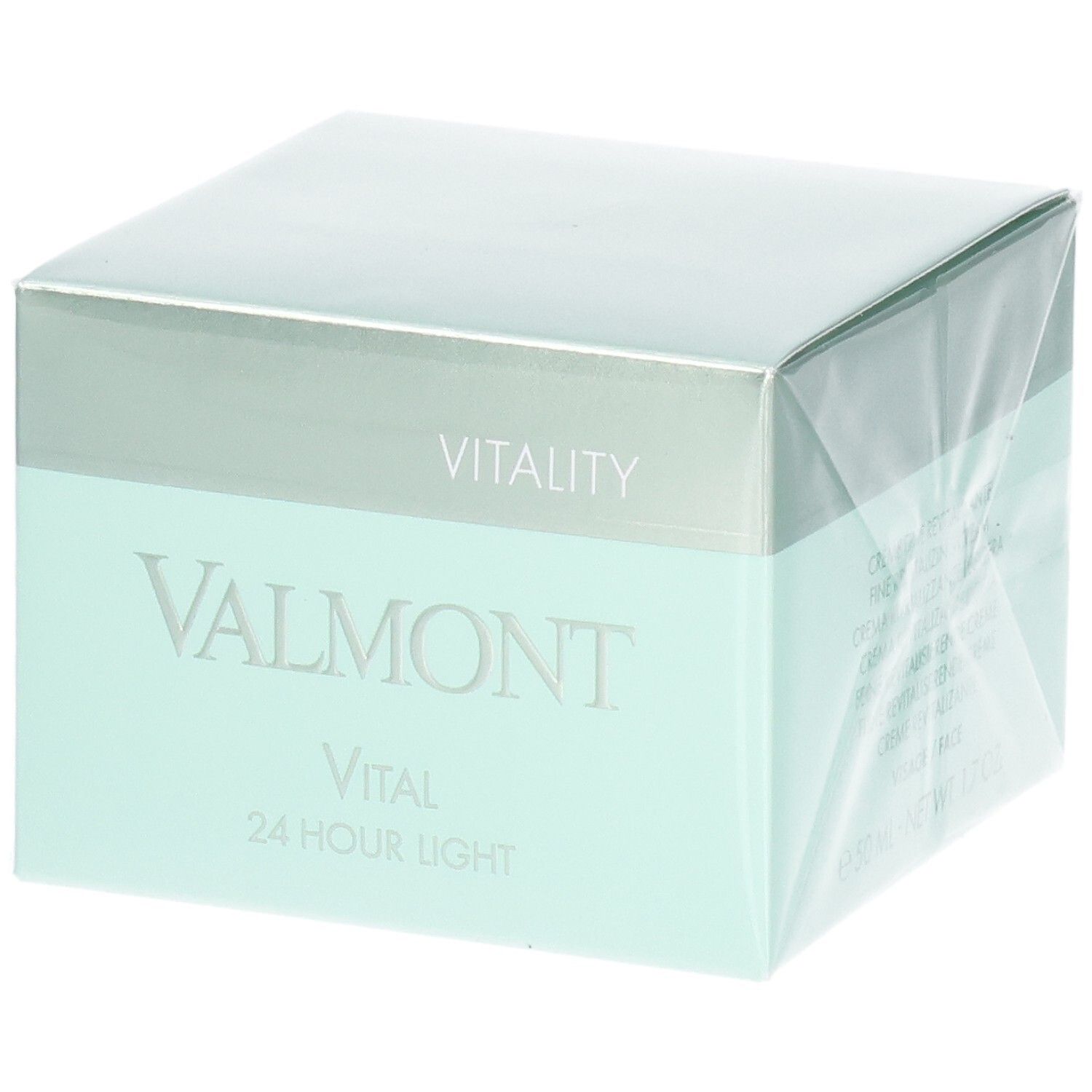 VALMONT Vital 24 Hour Light Crème verpakking. Lichtgroene en zilveren doos met productnaam en Vitality-opschrift.
