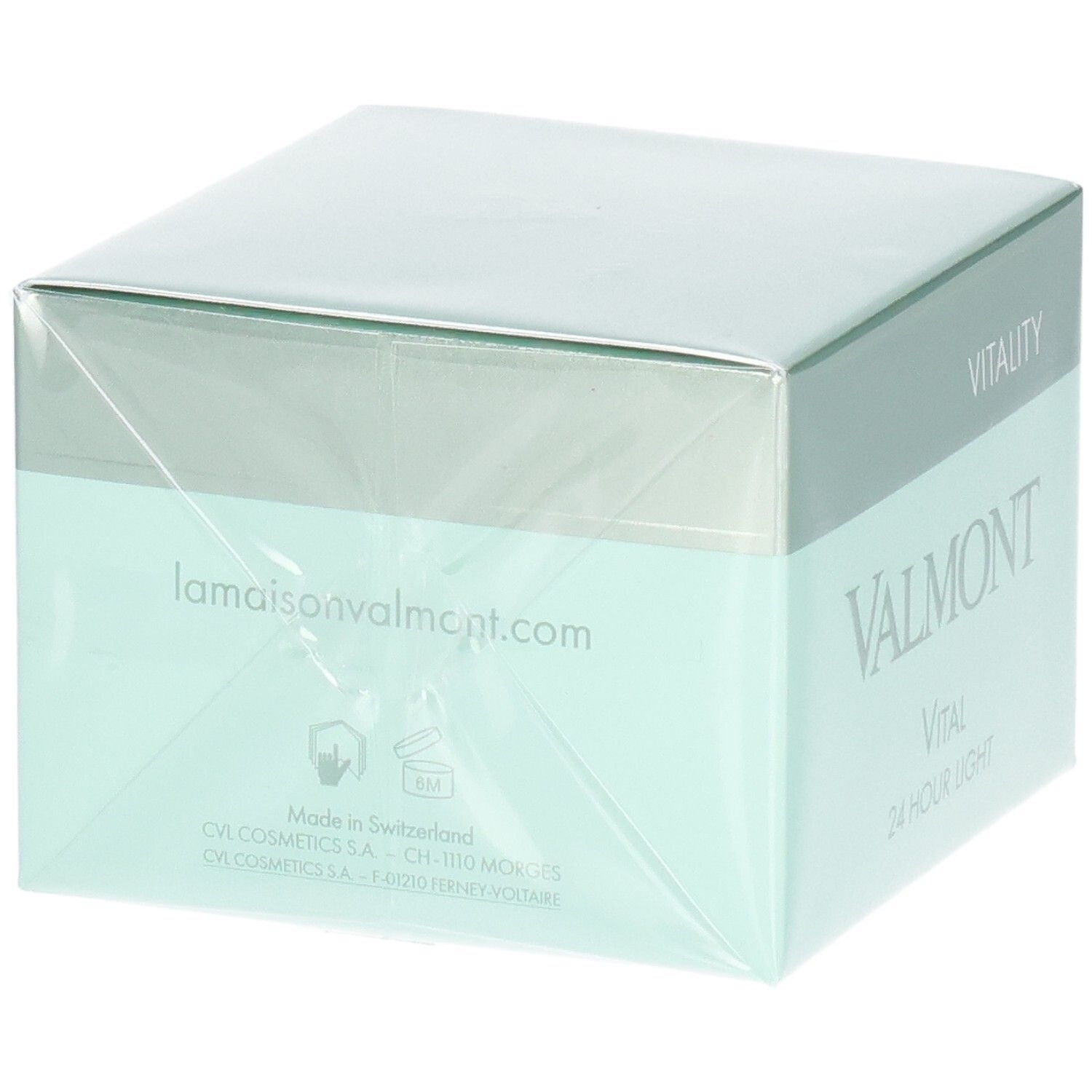 VALMONT Vital 24 Hour Light Crème verpakking. Achterkant met website, plaats van fabricage en symbolen.