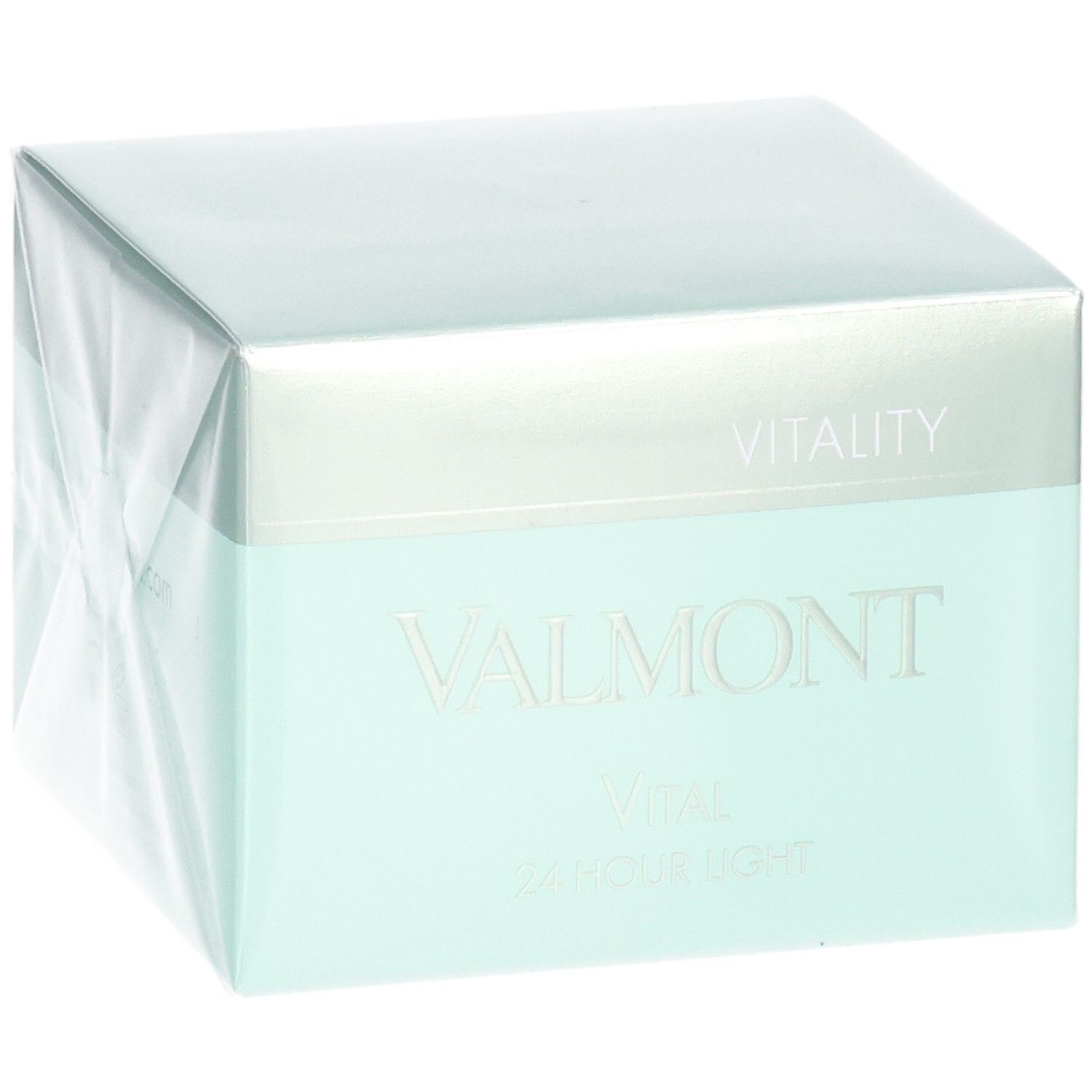 VALMONT Vital 24 Hour Light Crème verpakking. Schuine weergave van de lichtgroene en zilveren doos.