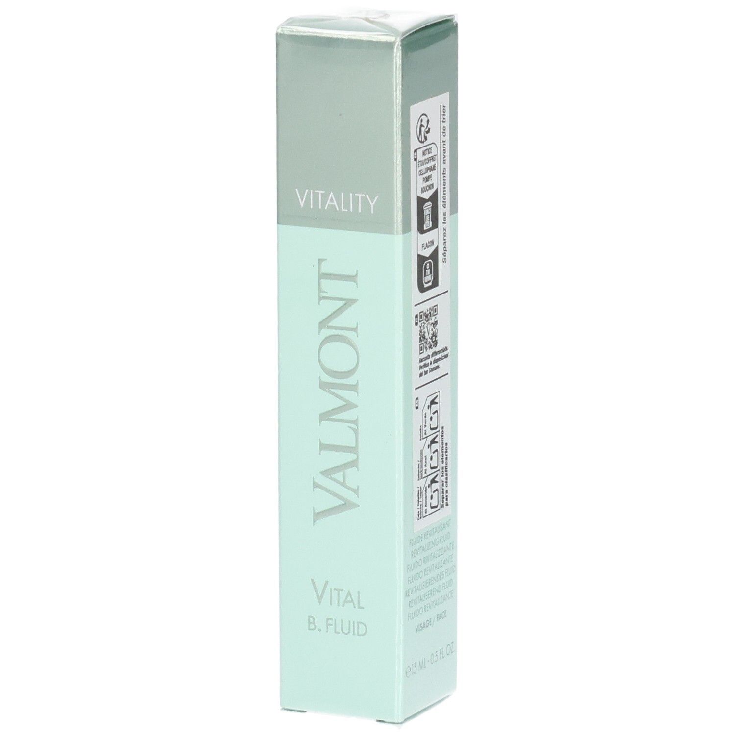 Emballage VALMONT Vital B. Fluid. Boîte vert pâle et argentée avec informations produit.