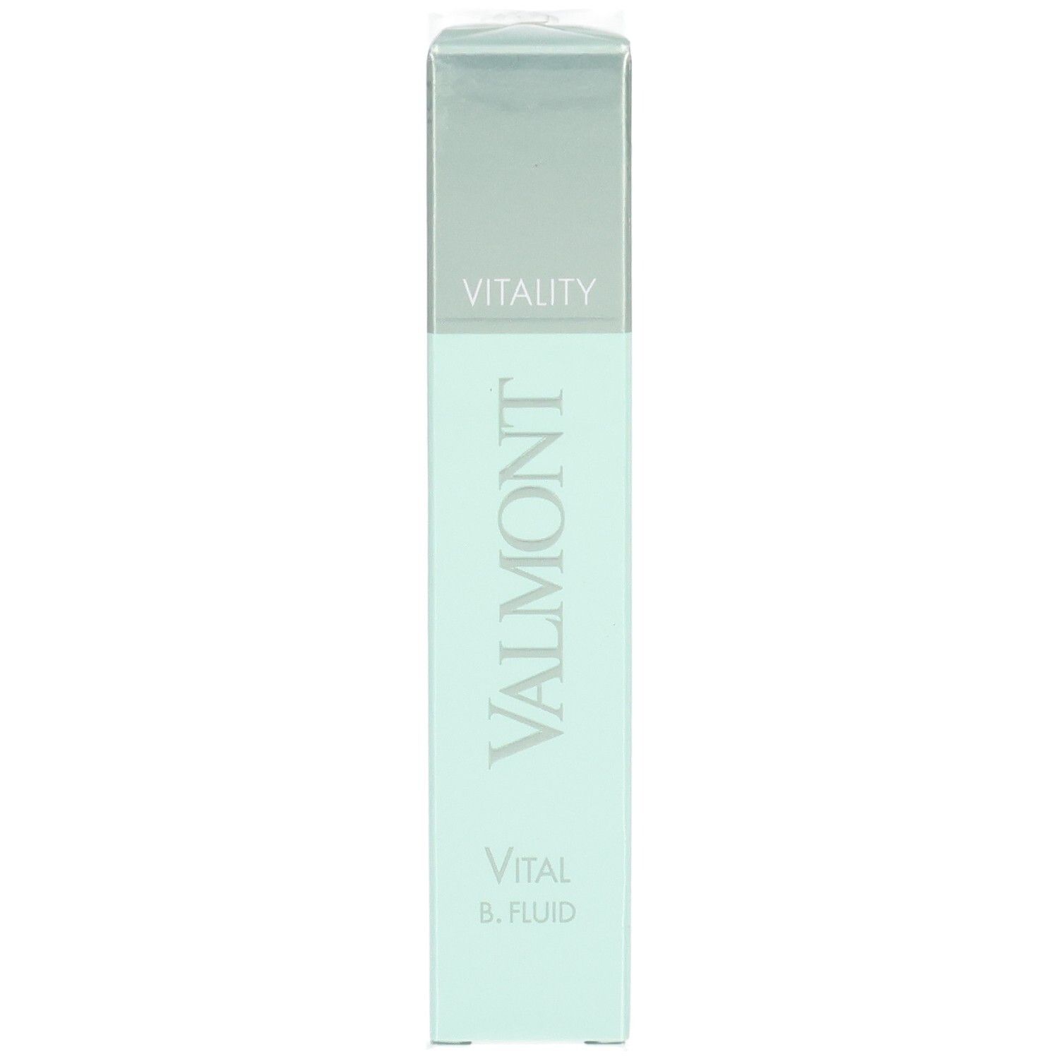Emballage VALMONT Vital B. Fluid. Boîte vert pâle et argentée avec le nom du produit.