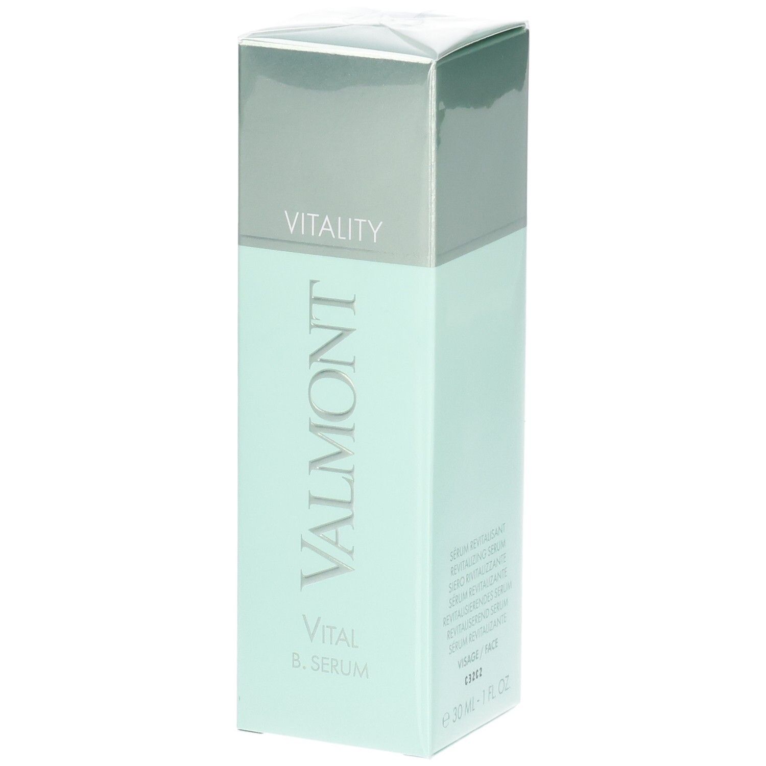 VALMONT Vital B. Serum verpakking. Lichtgroene en zilveren doos met productnaam en Vitality-opschrift.