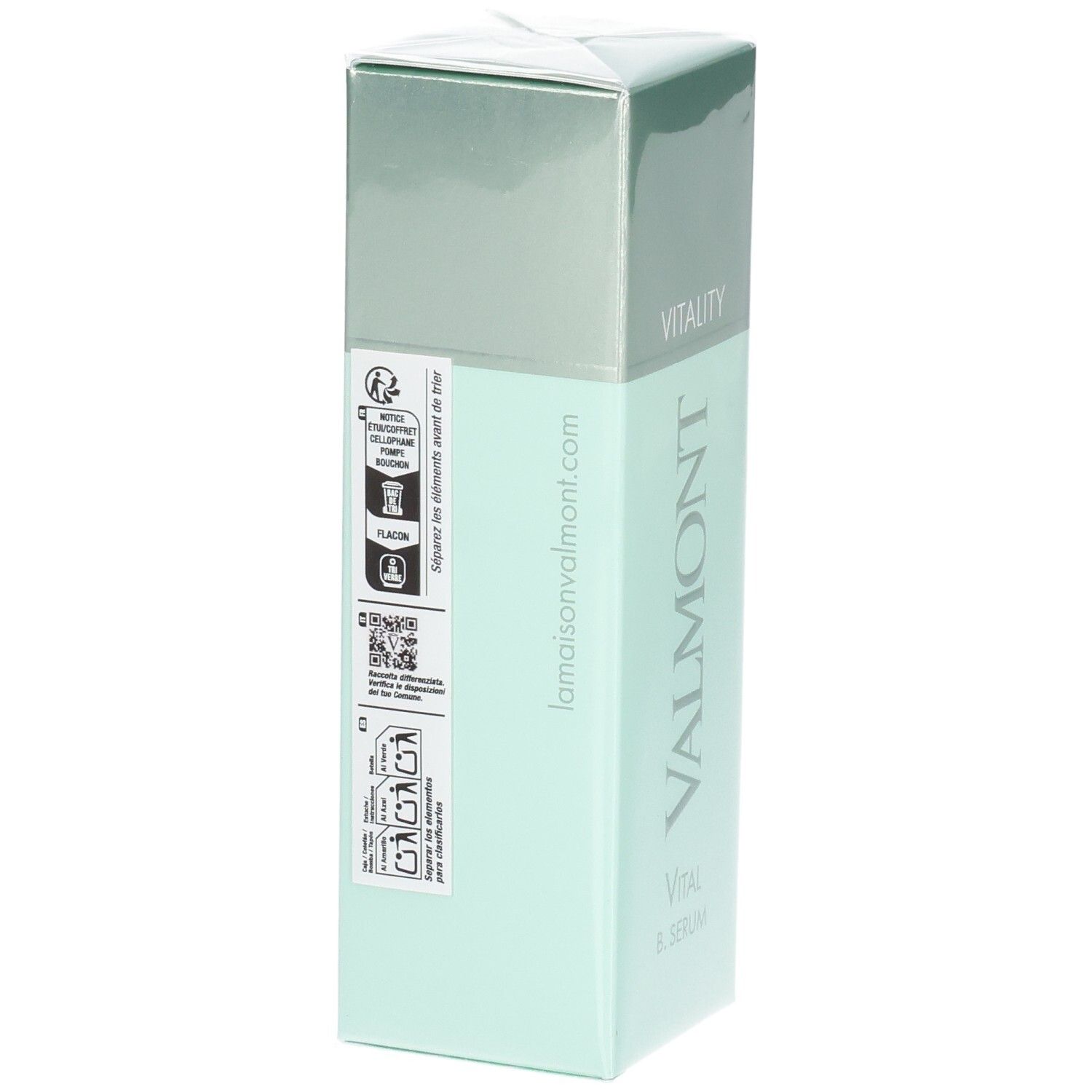 VALMONT Vital B. Serum verpakking. Achterkant met website en recycling-symbolen.