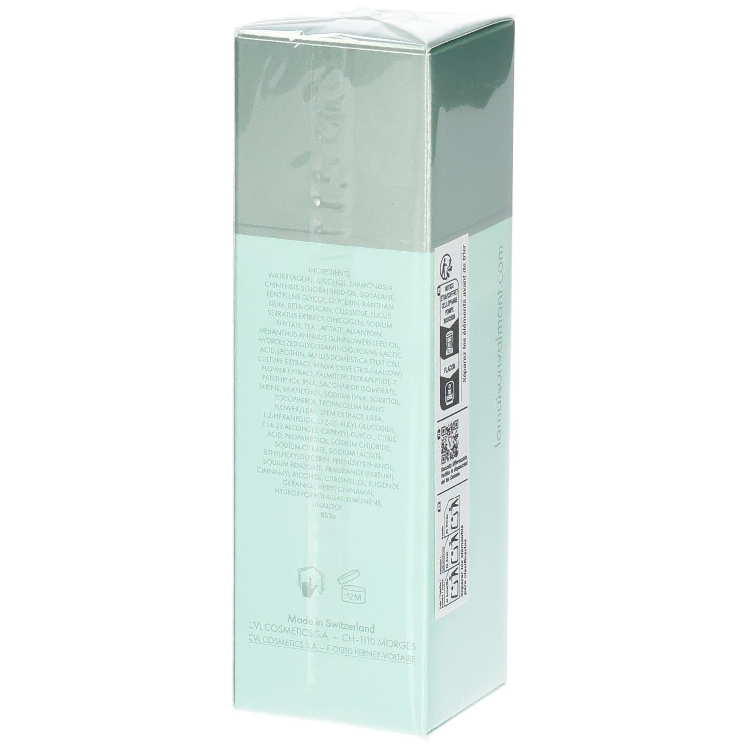 VALMONT Vital B. Serum verpakking. Zijkant met gedetailleerde productinformatie en Made in Switzerland-vermelding.