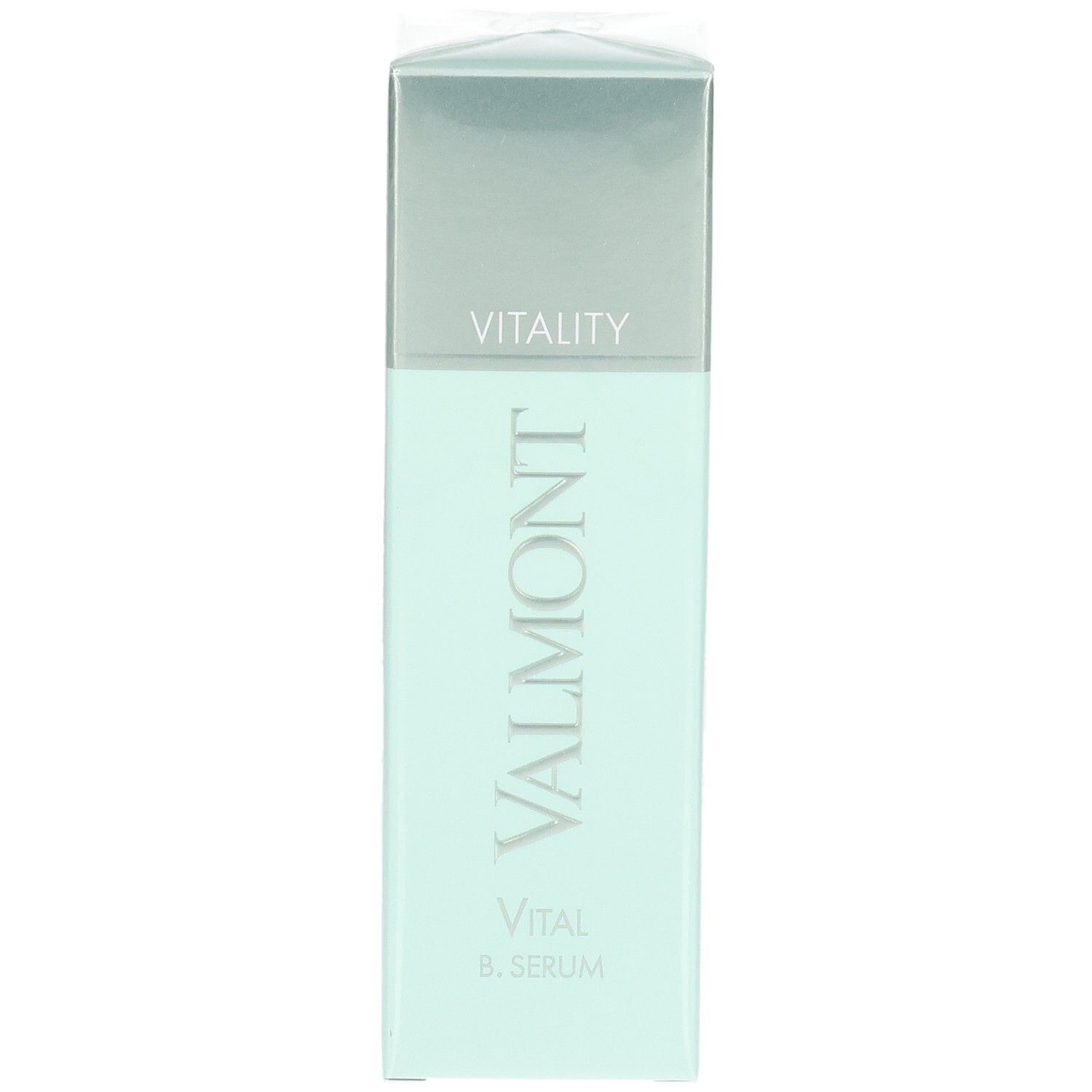 VALMONT Vital B. Serum verpakking. Vooraanzicht van de lichtgroene en zilveren doos.