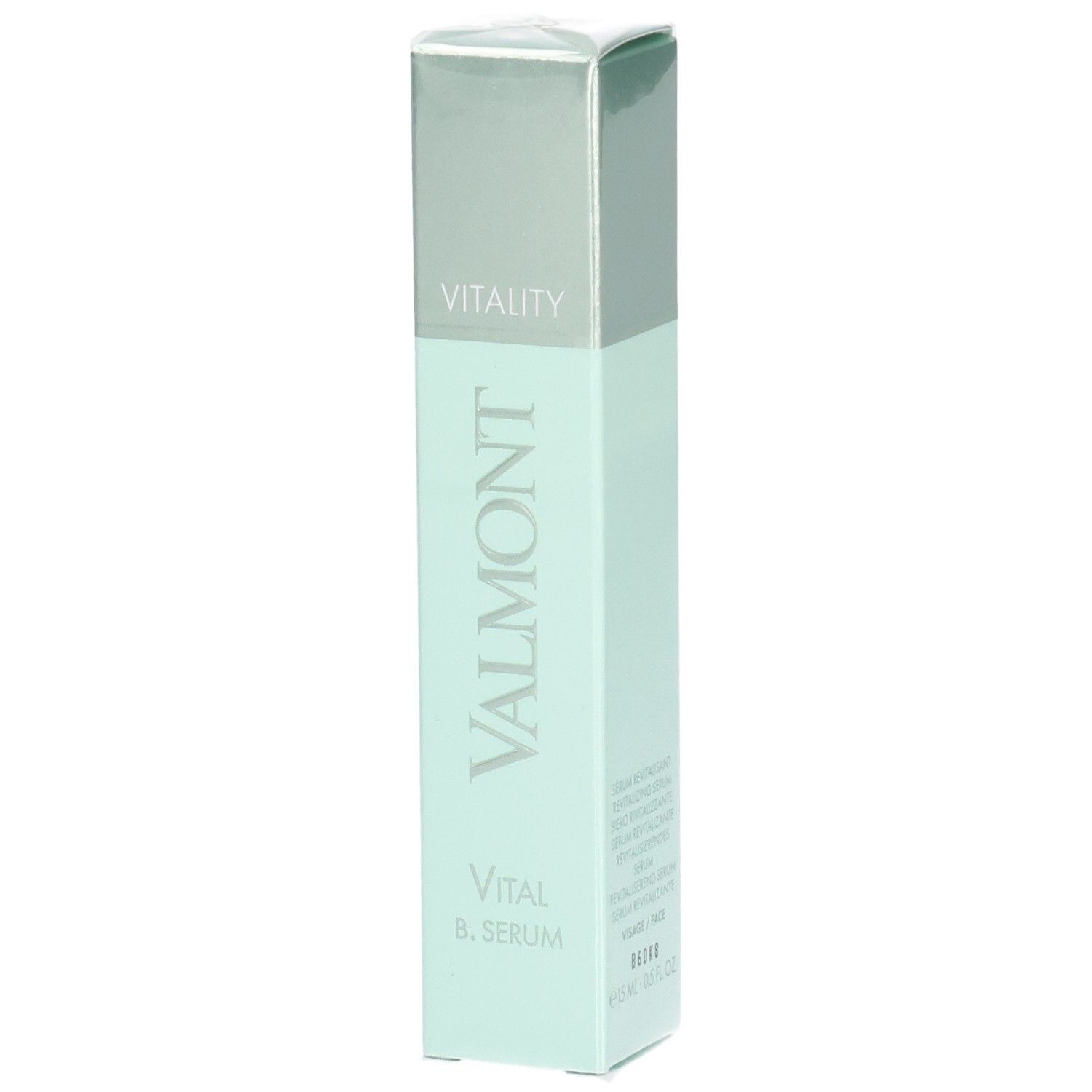 VALMONT Vital B. Serum verpakking, mintgroen en zilver.