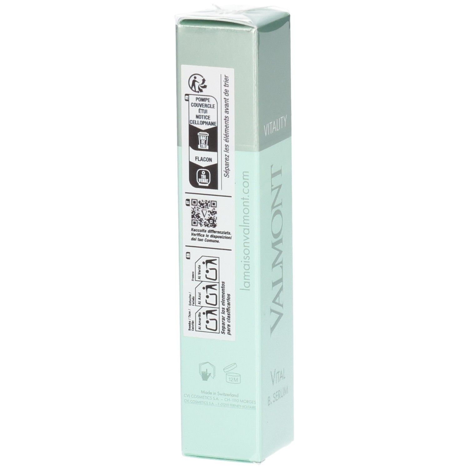 VALMONT Vital B. Serum verpakking, zijaanzicht met informatie.