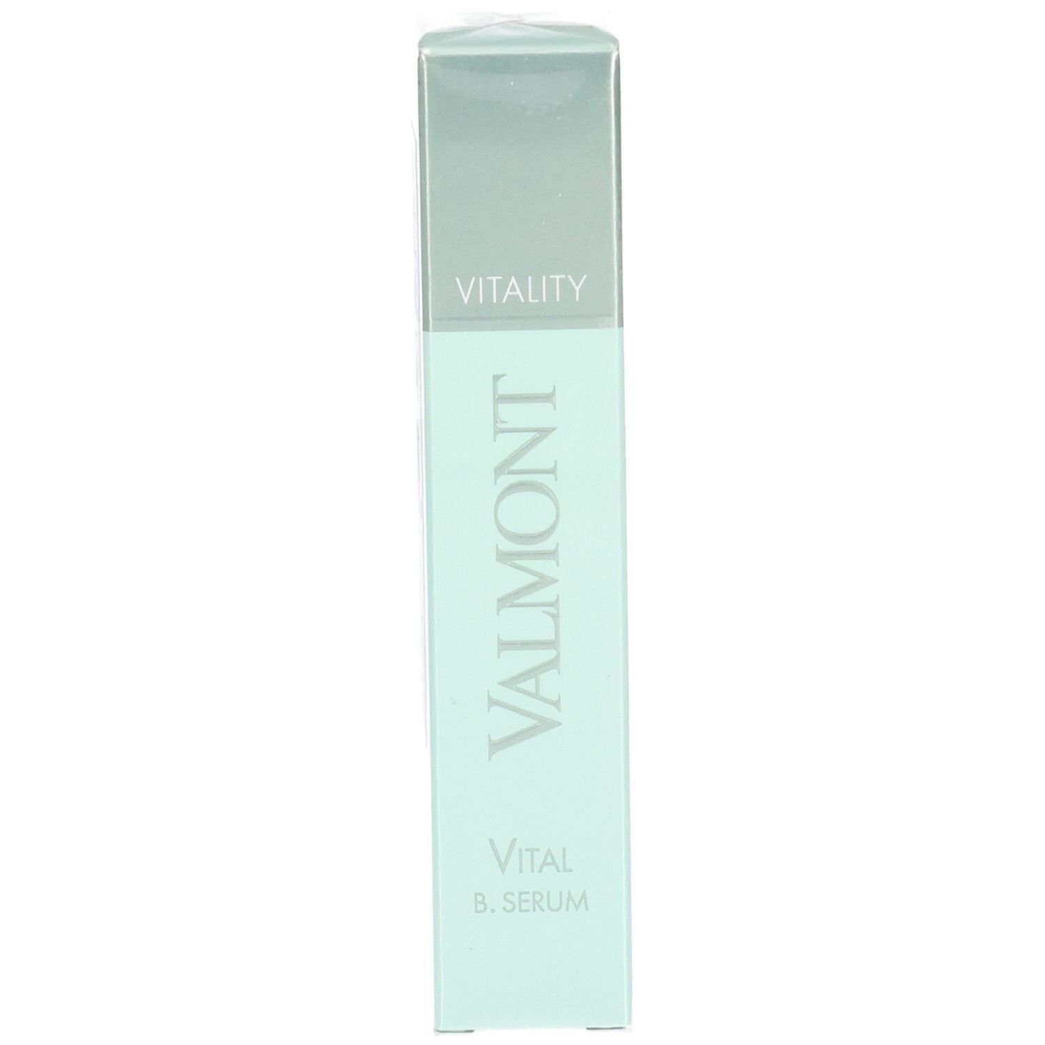 VALMONT Vital B. Serum verpakking, mintgroen en zilver.