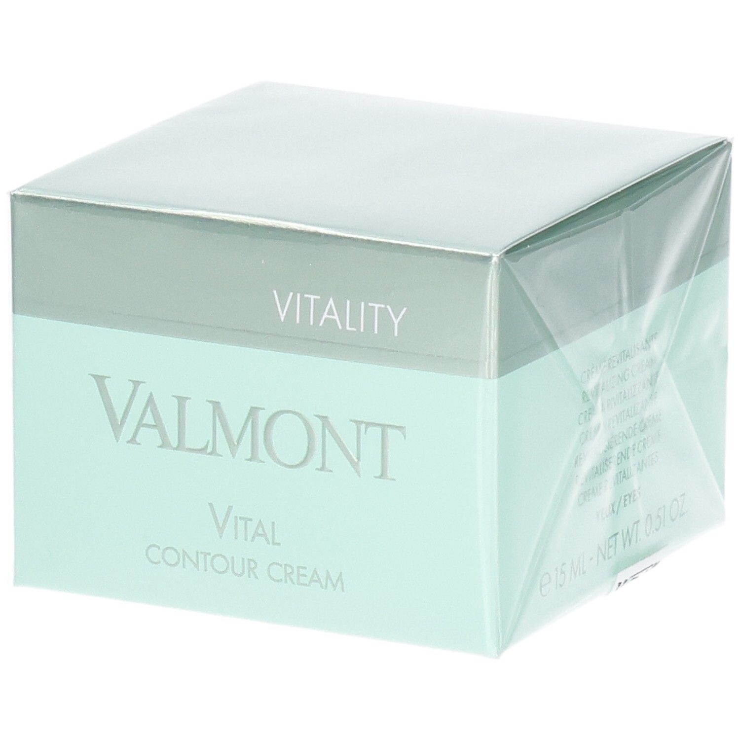 Emballage Valmont Vital Contour Cream, vert menthe et argent.