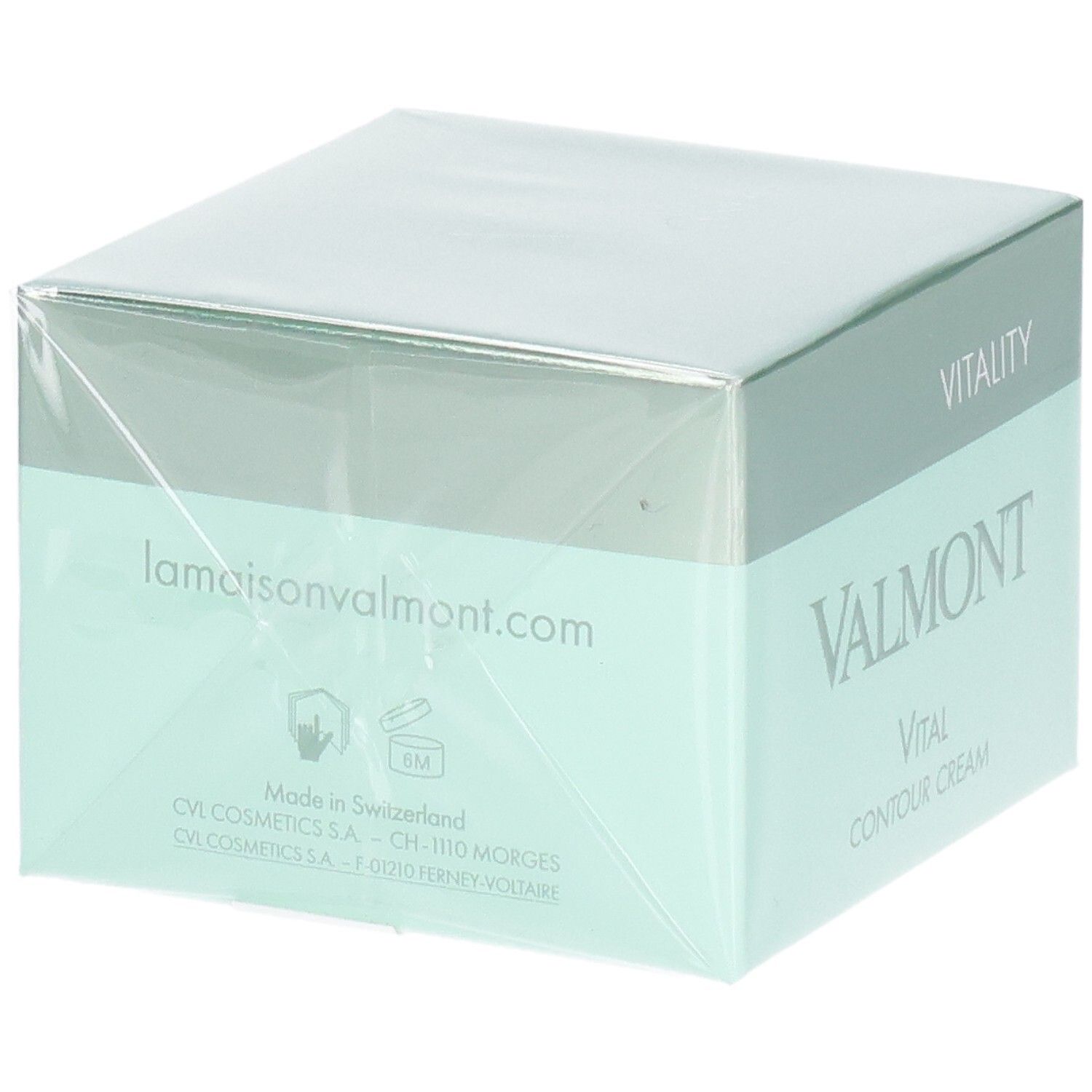 Emballage Valmont Vital Contour Cream avec site web et mention de provenance.