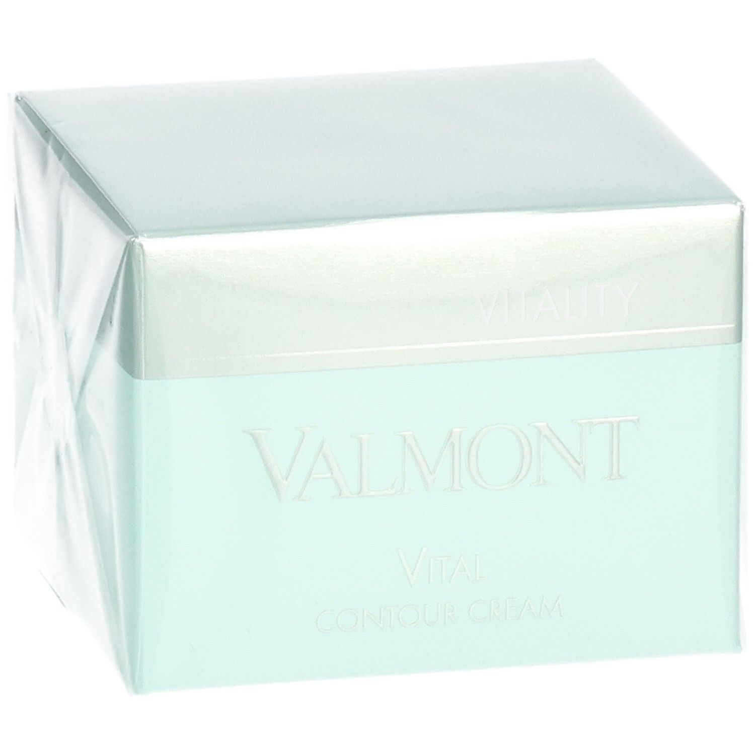 Emballage Valmont Vital Contour Cream, vert menthe et argent, en biais.