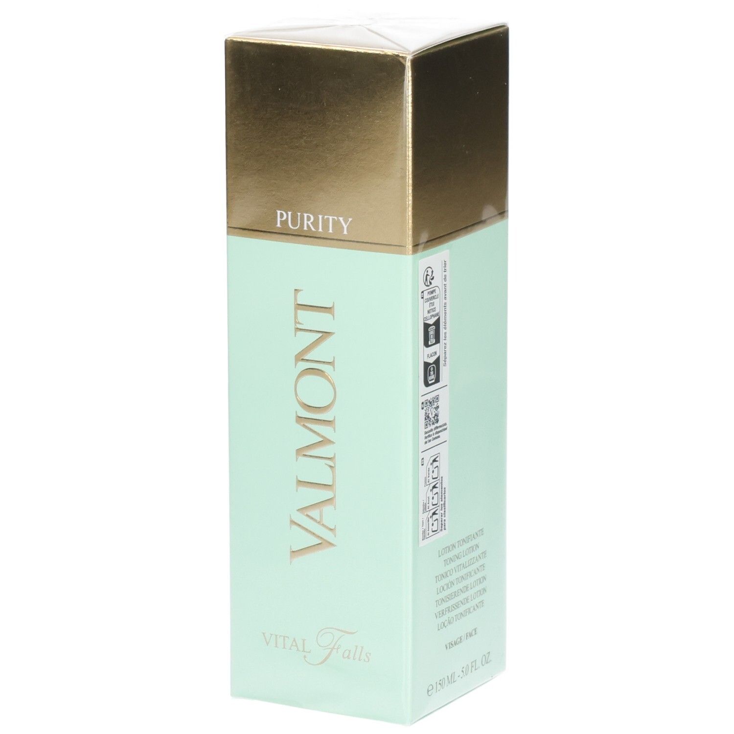 Valmont Vital Falls Lotion Pureté, emballage vert menthe avec capuchon doré.