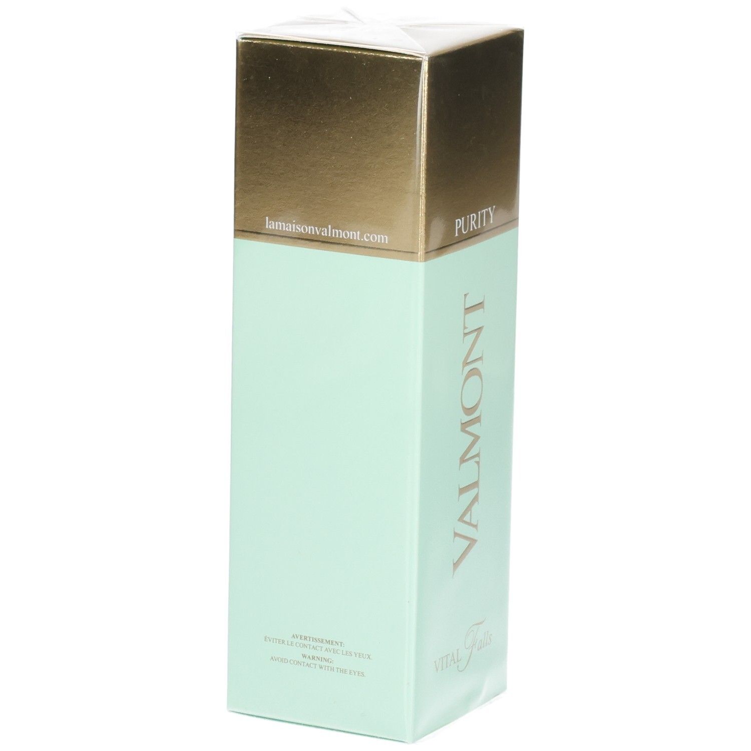 Valmont Vital Falls Lotion Pureté, emballage vert menthe avec capuchon doré et site web.