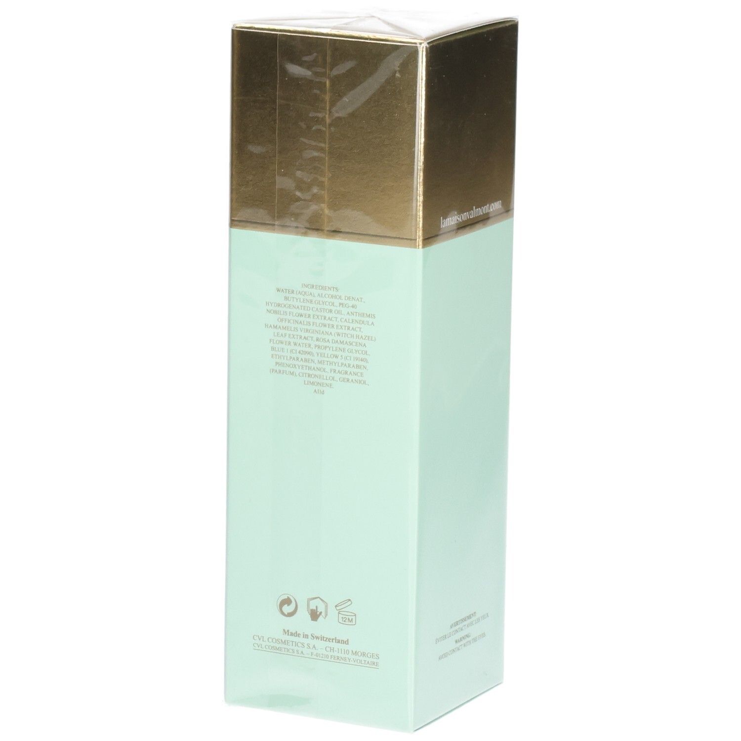 Valmont Vital Falls Lotion Pureté, dos de l'emballage vert menthe avec ingrédients.