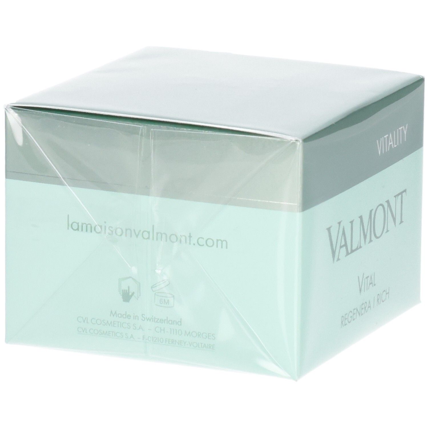 Emballage Valmont Vital Regenera I Rich Crème, verso avec site web et détails de fabrication.