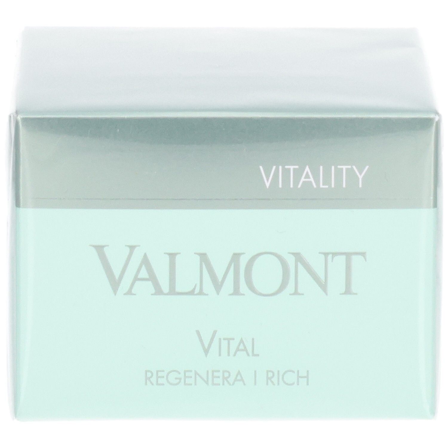 Emballage Valmont Vital Regenera I Rich Crème, face avant avec nom de marque et ligne de produits.