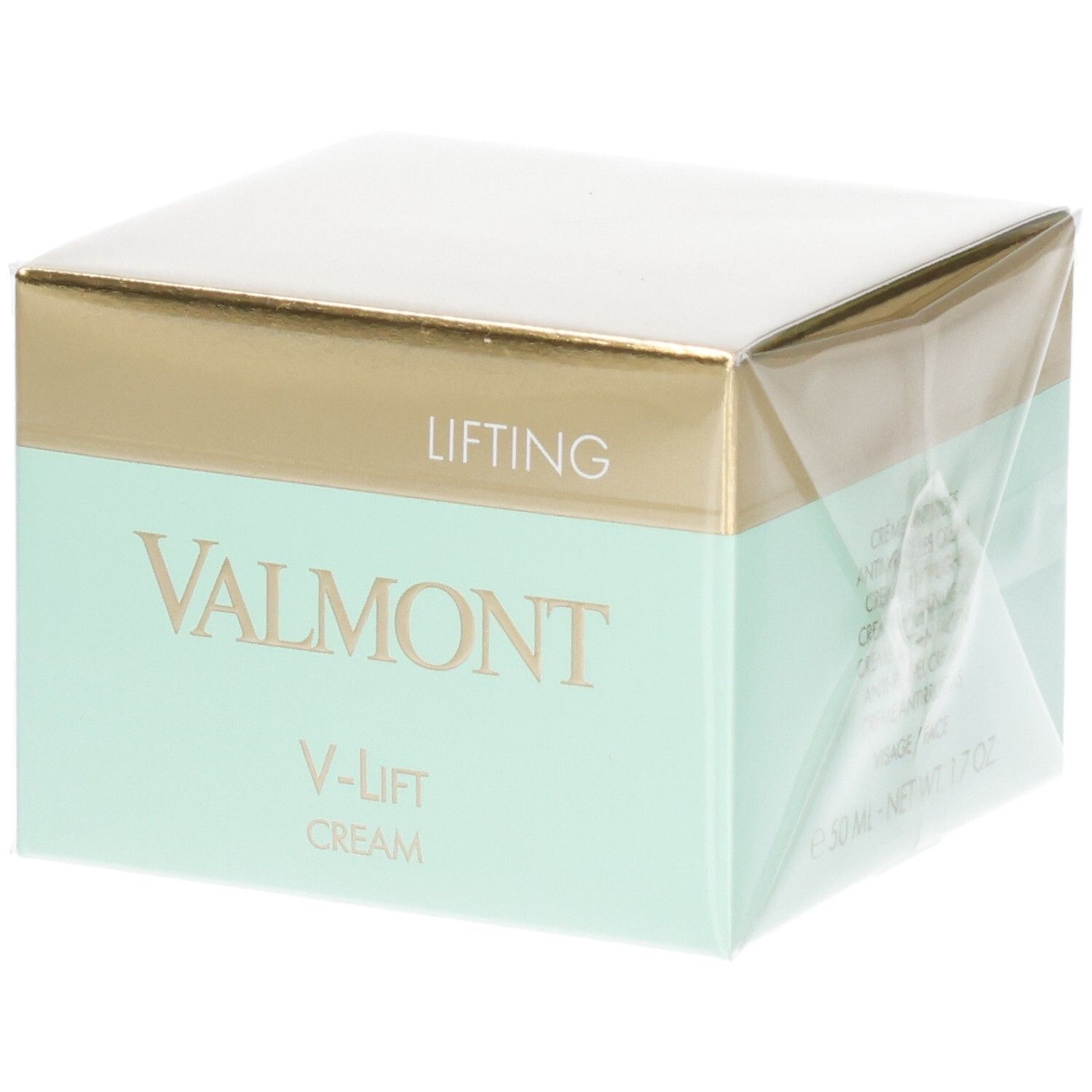 VALMONT V-Lift Cream verpakking met gouden en mintgroene band. Opschriften "LIFTING" en "VALMONT".