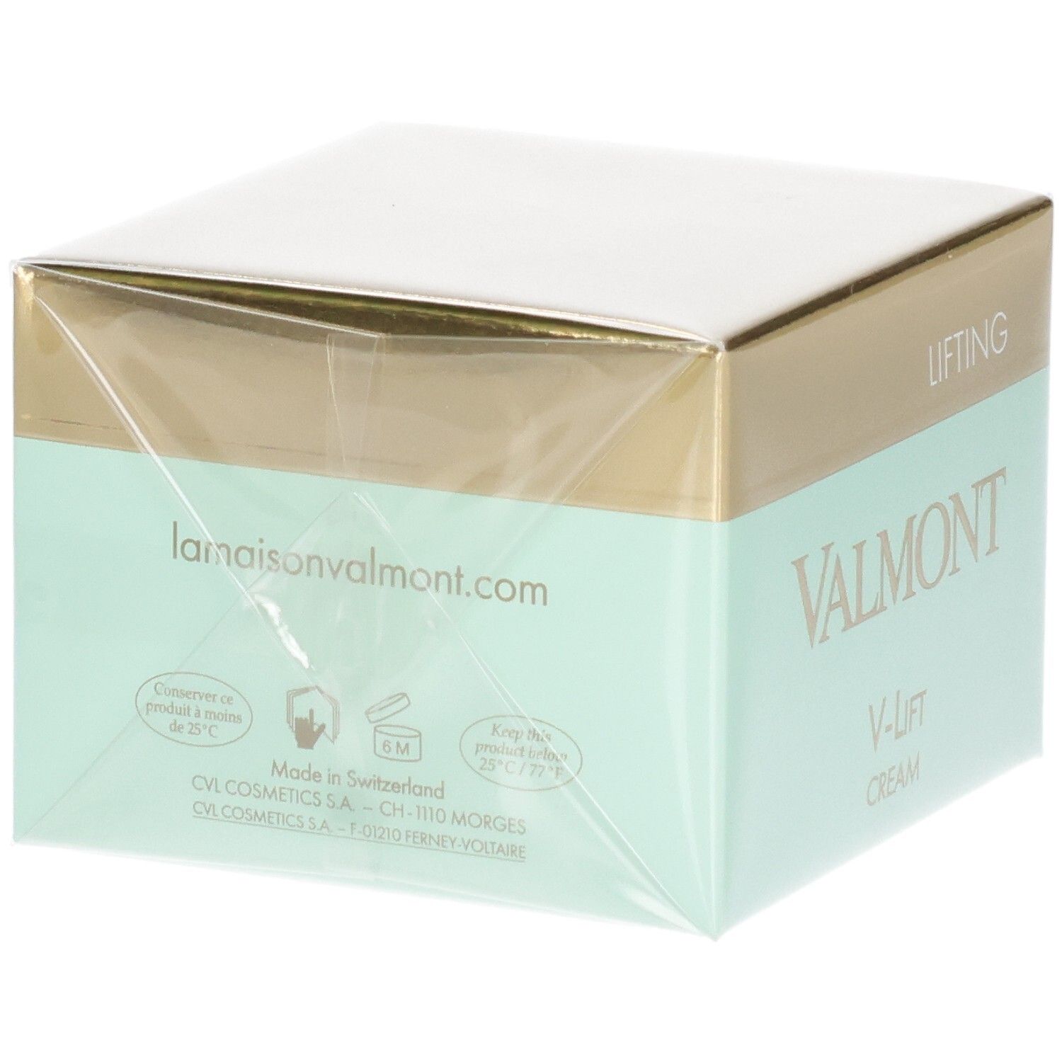 VALMONT V-Lift Cream verpakking. Achterkant met website, productielocatie en symbolen. Opschriften "LIFTING" en "VALMONT".