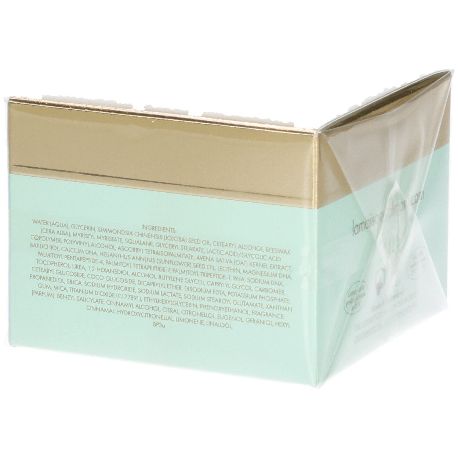 VALMONT V-Lift Cream verpakking. Zijaanzicht met volledige ingrediëntenlijst en symbolen.