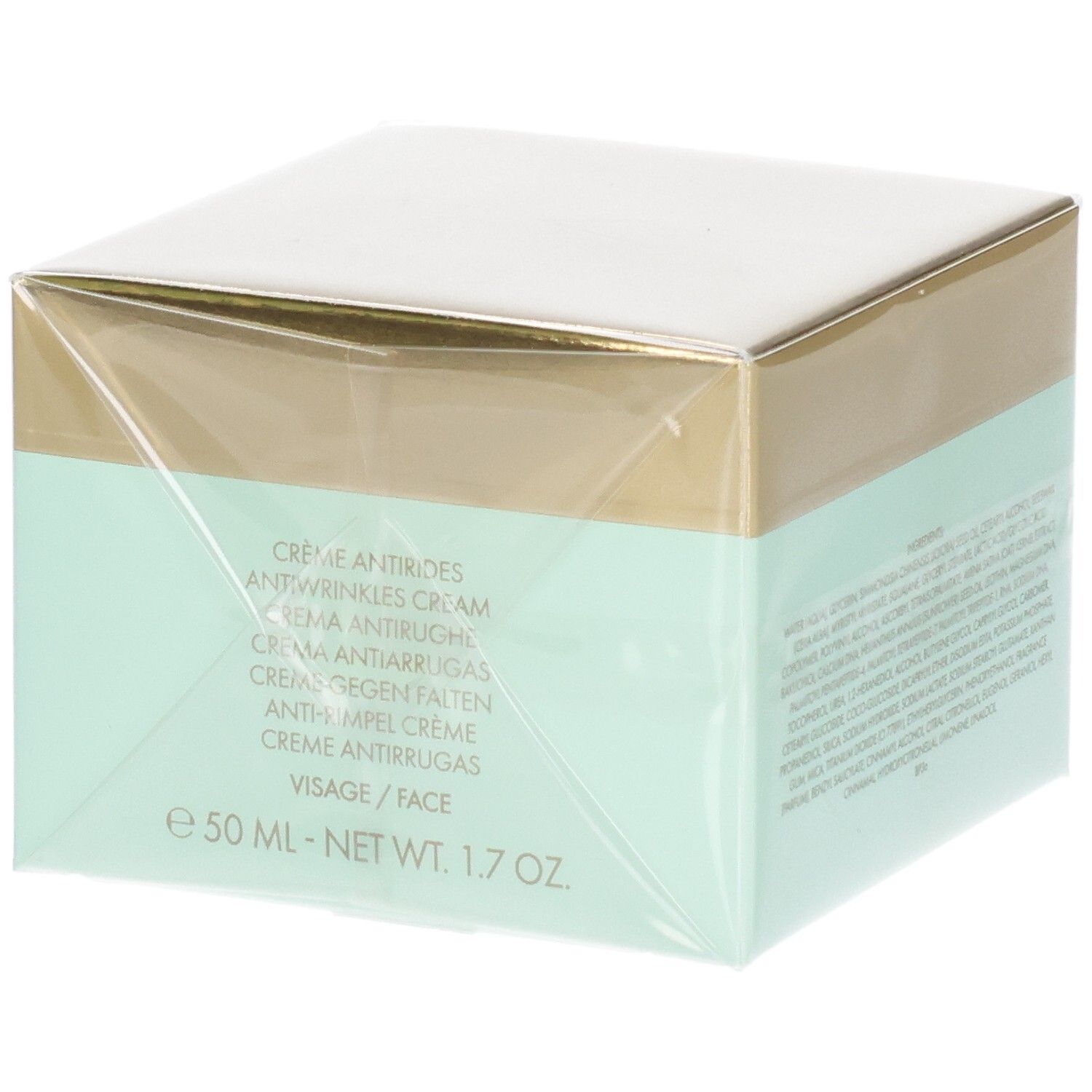 VALMONT V-Lift Cream verpakking. Voorkant met "Crème antirides" en maatindicatie "50 ML - NET WT. 1.7 OZ.". 