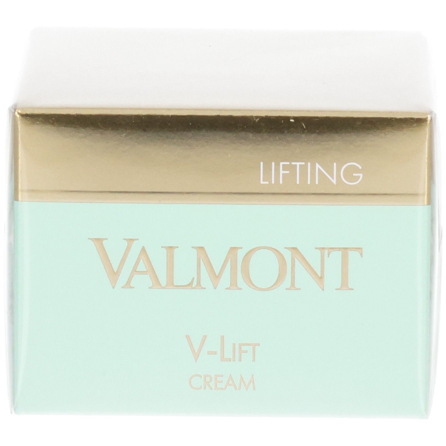 VALMONT V-Lift Cream verpakking. Close-up van de voorkant met gouden en mintgroene band. Opschriften "LIFTING" en "VALMONT".
