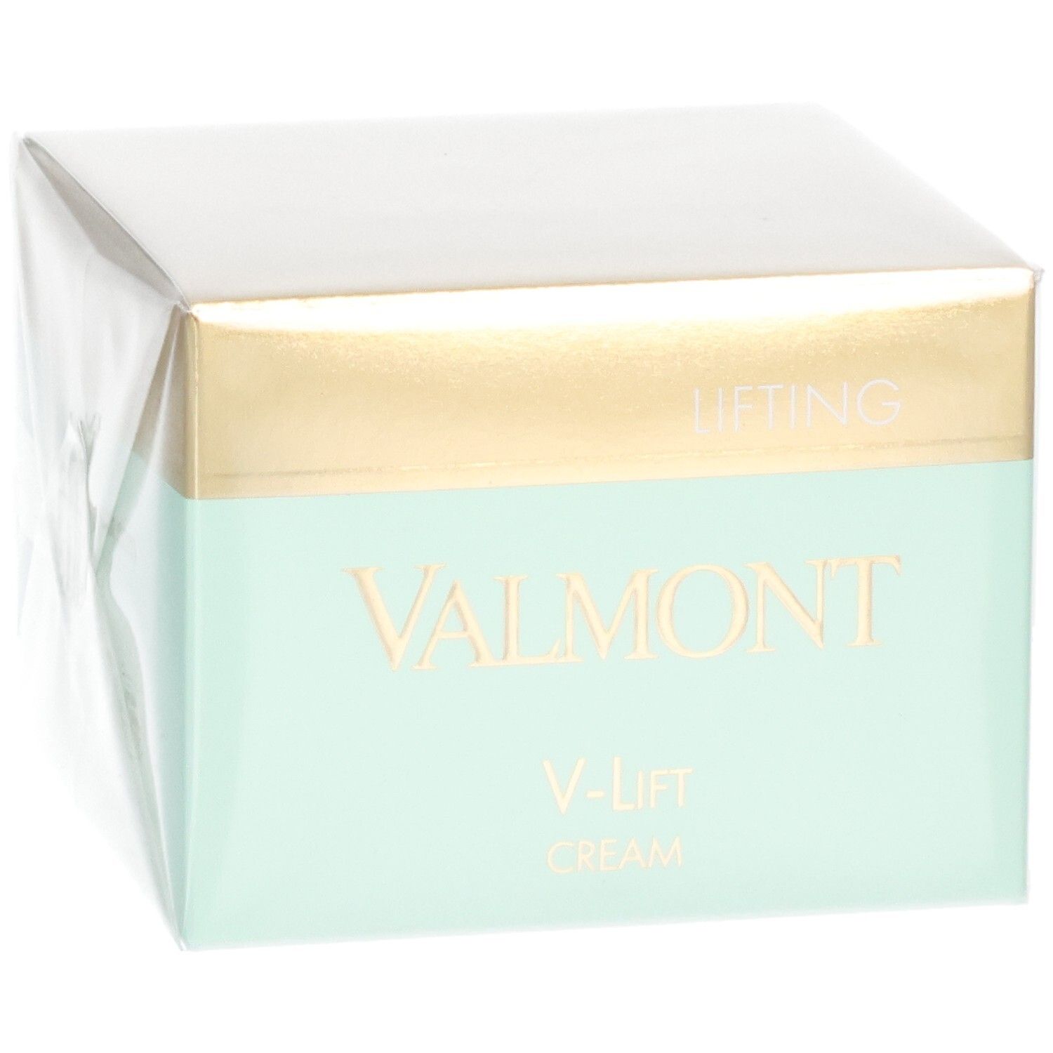 VALMONT V-Lift Cream verpakking. Zijaanzicht met gouden en mintgroene band. Opschriften "LIFTING" en "VALMONT".