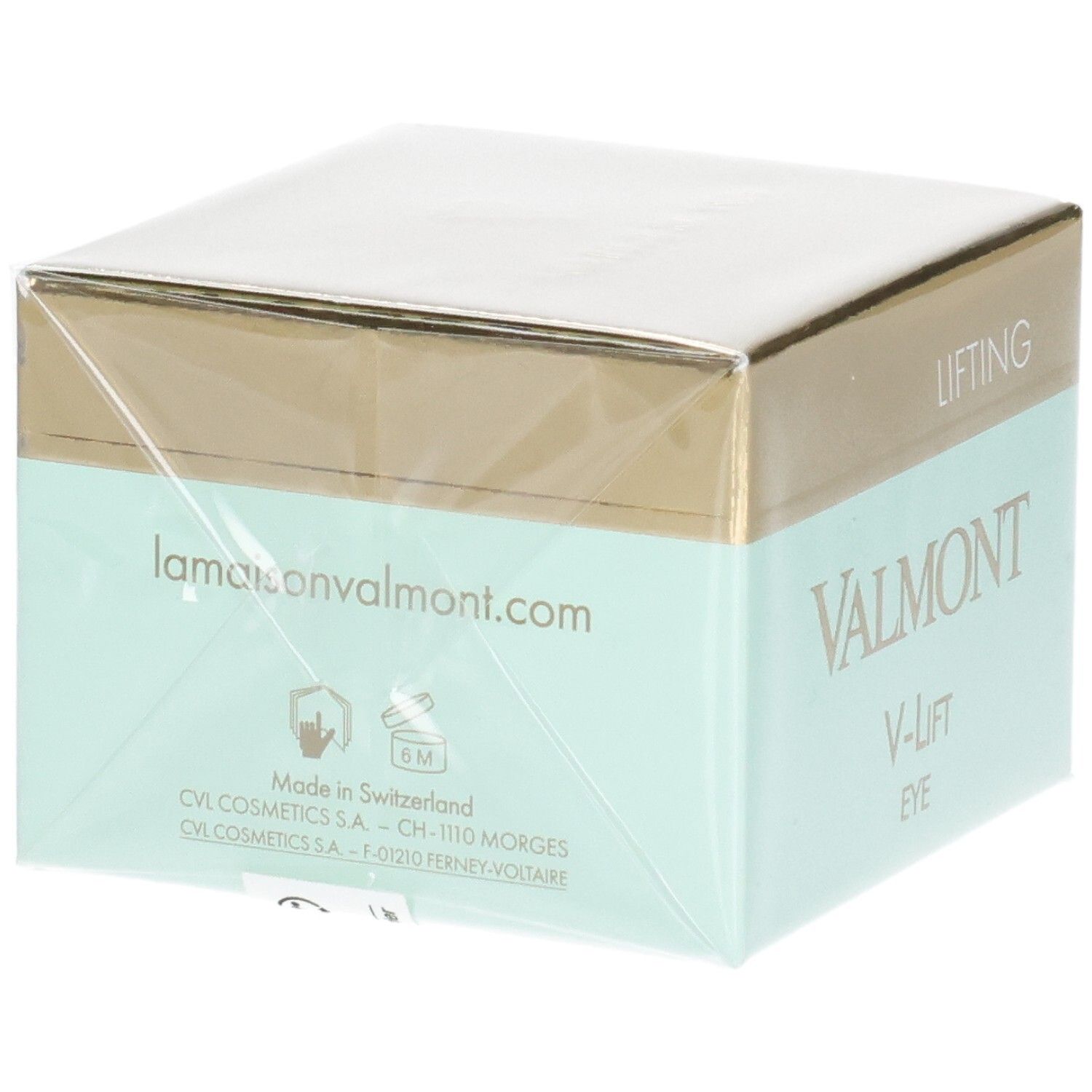 VALMONT V-Lift Eye Cream verpakking, achterkant met "Made in Switzerland" en website.