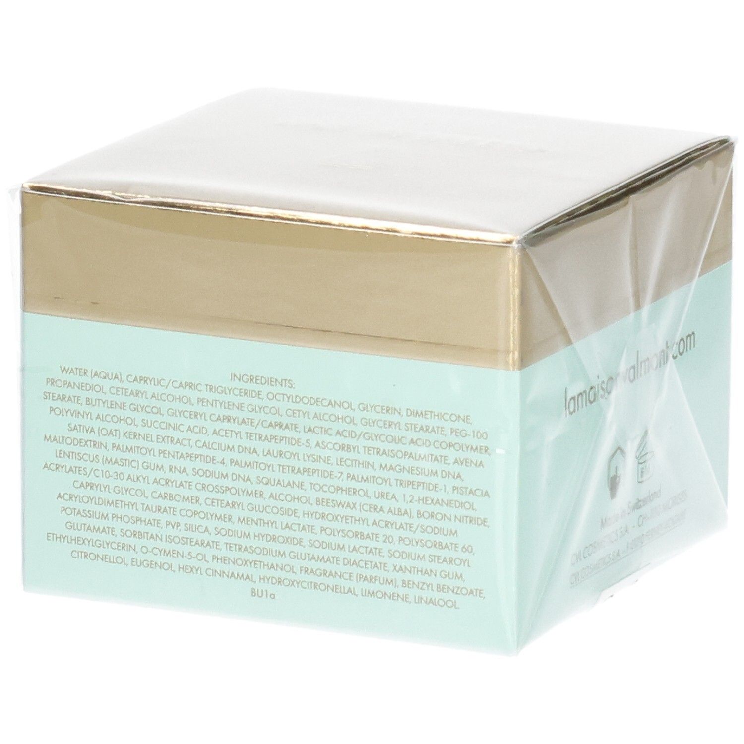 VALMONT V-Lift Eye Cream verpakking, zijkant met ingrediëntenlijst.