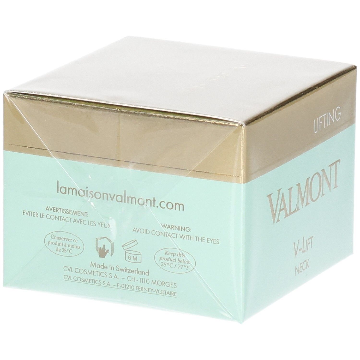 VALMONT V-Lift Neck Lifting Crème verpakking met waarschuwingen en productinformatie.