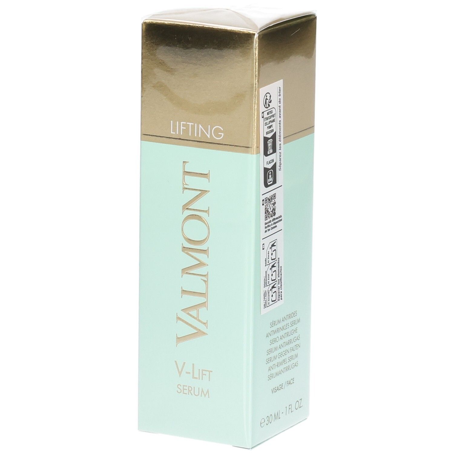 VALMONT V-Lift Serum, anti-rimpel serum, mintgroene en gouden verpakking.