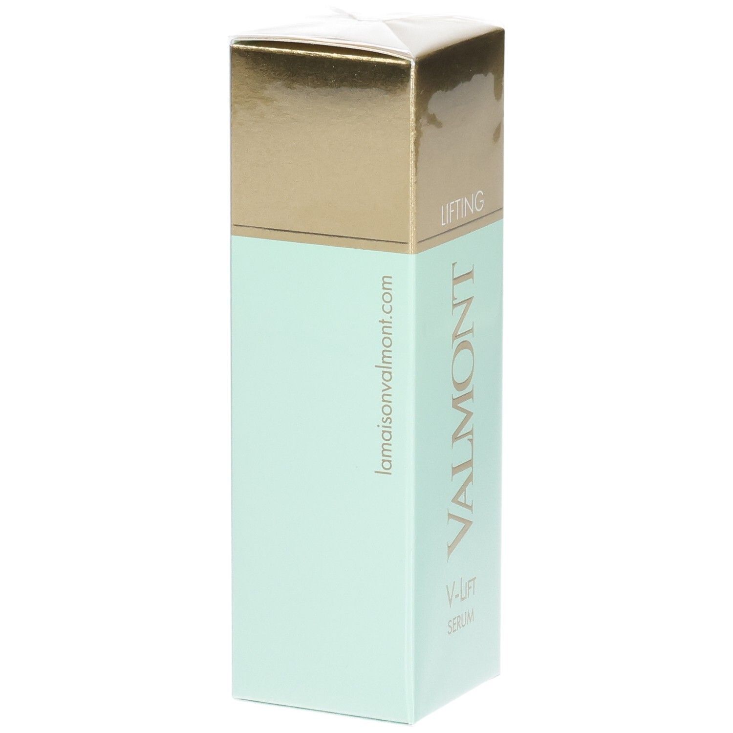 VALMONT V-Lift Serum, anti-rimpel serum, mintgroene verpakking met website-adres.