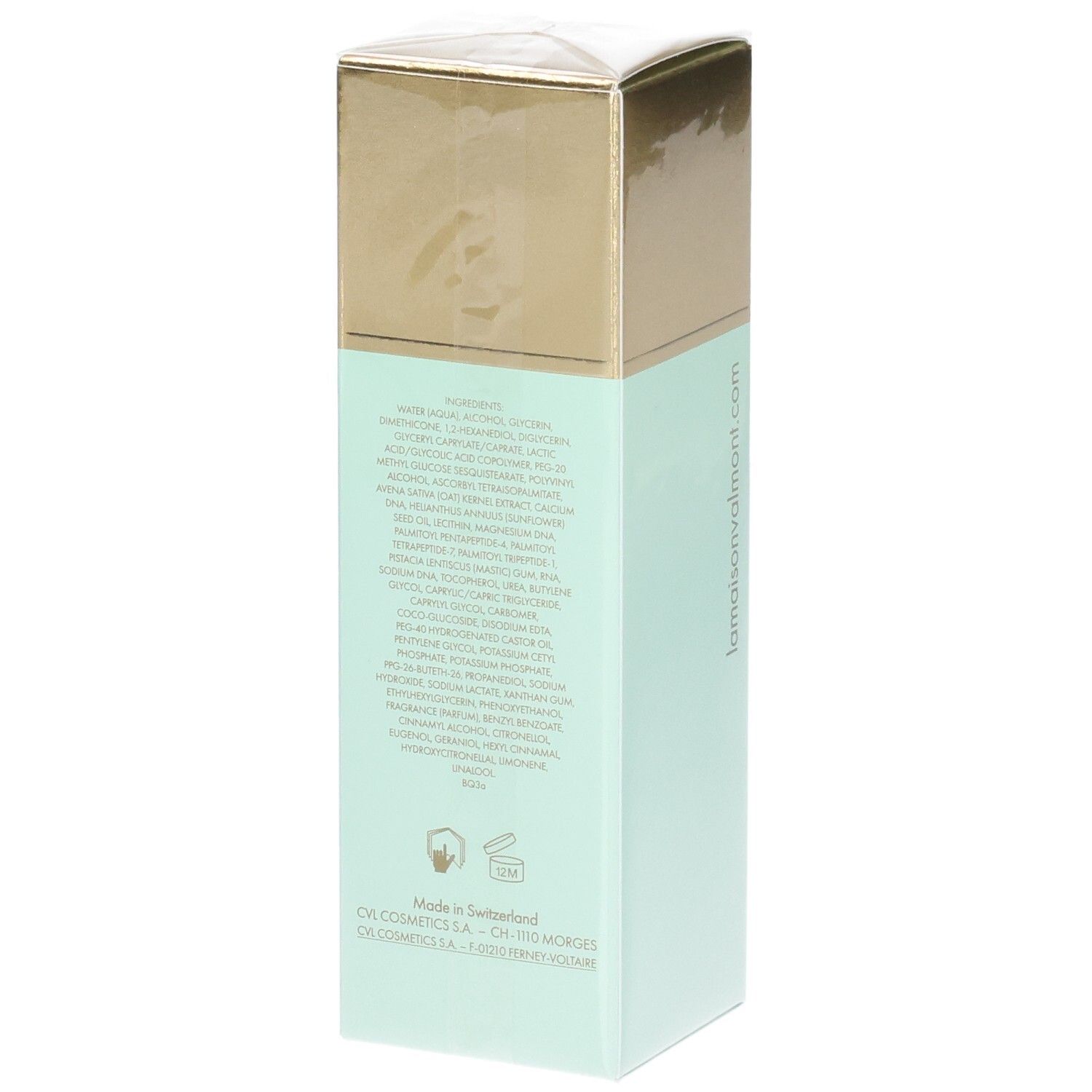 VALMONT V-Lift Serum, anti-rimpel serum, mintgroene verpakking met ingrediëntenlijst.