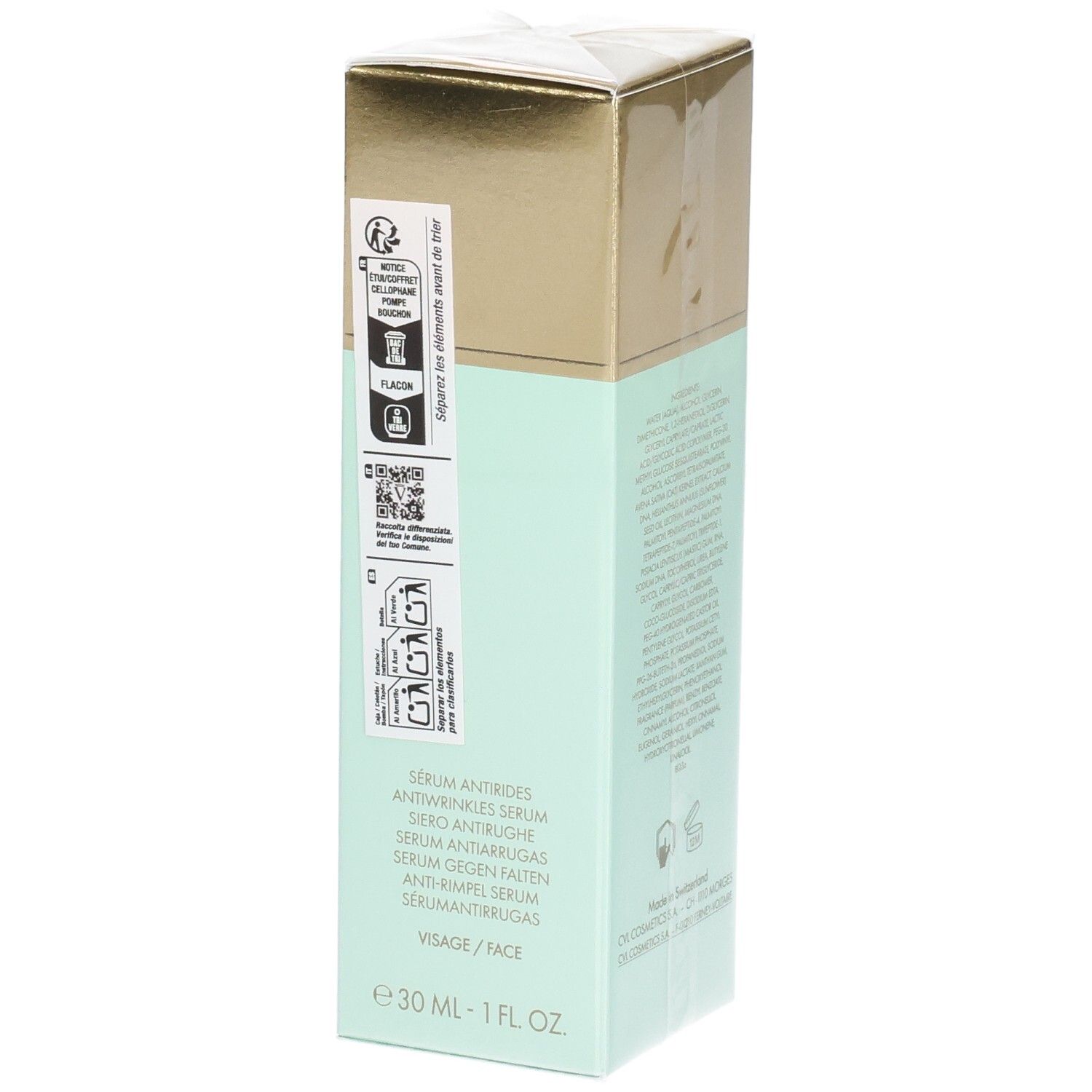 VALMONT V-Lift Serum, anti-rimpel serum, mintgroene verpakking met gebruiksinstructies.