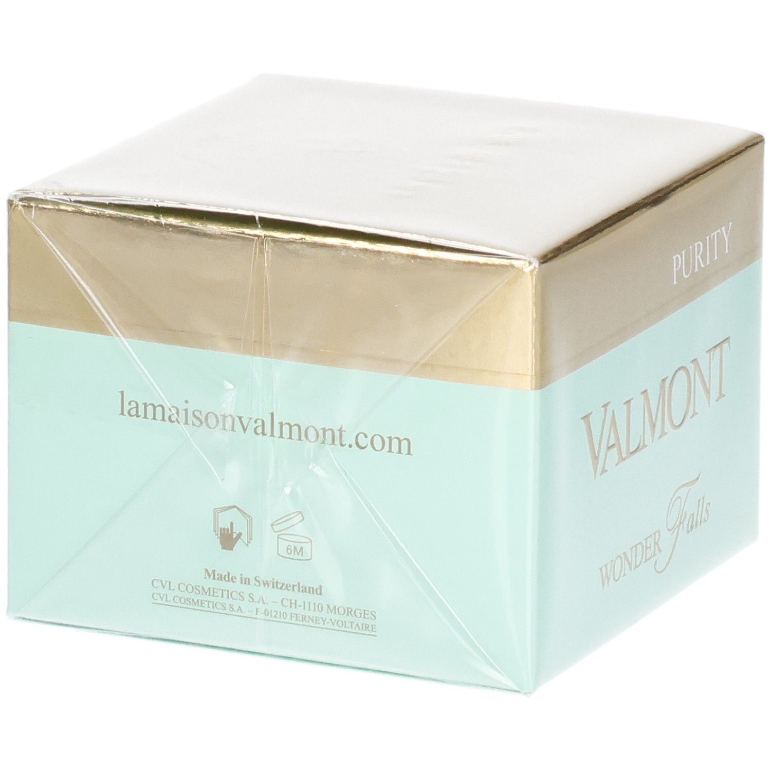 VALMONT Wonder Falls Purity verpakking met website en productiedetails. Gouden en mintgroene doos.