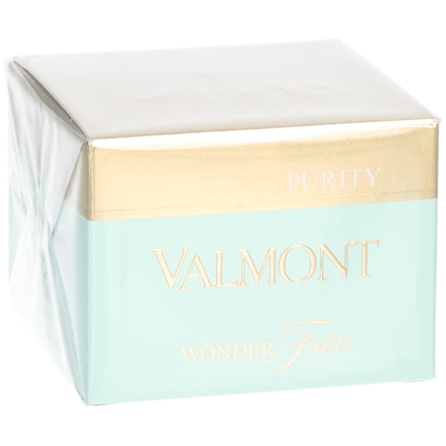 VALMONT Wonder Falls Purity verpakking. Gouden en mintgroene doos met productnaam en 'PURITY'.