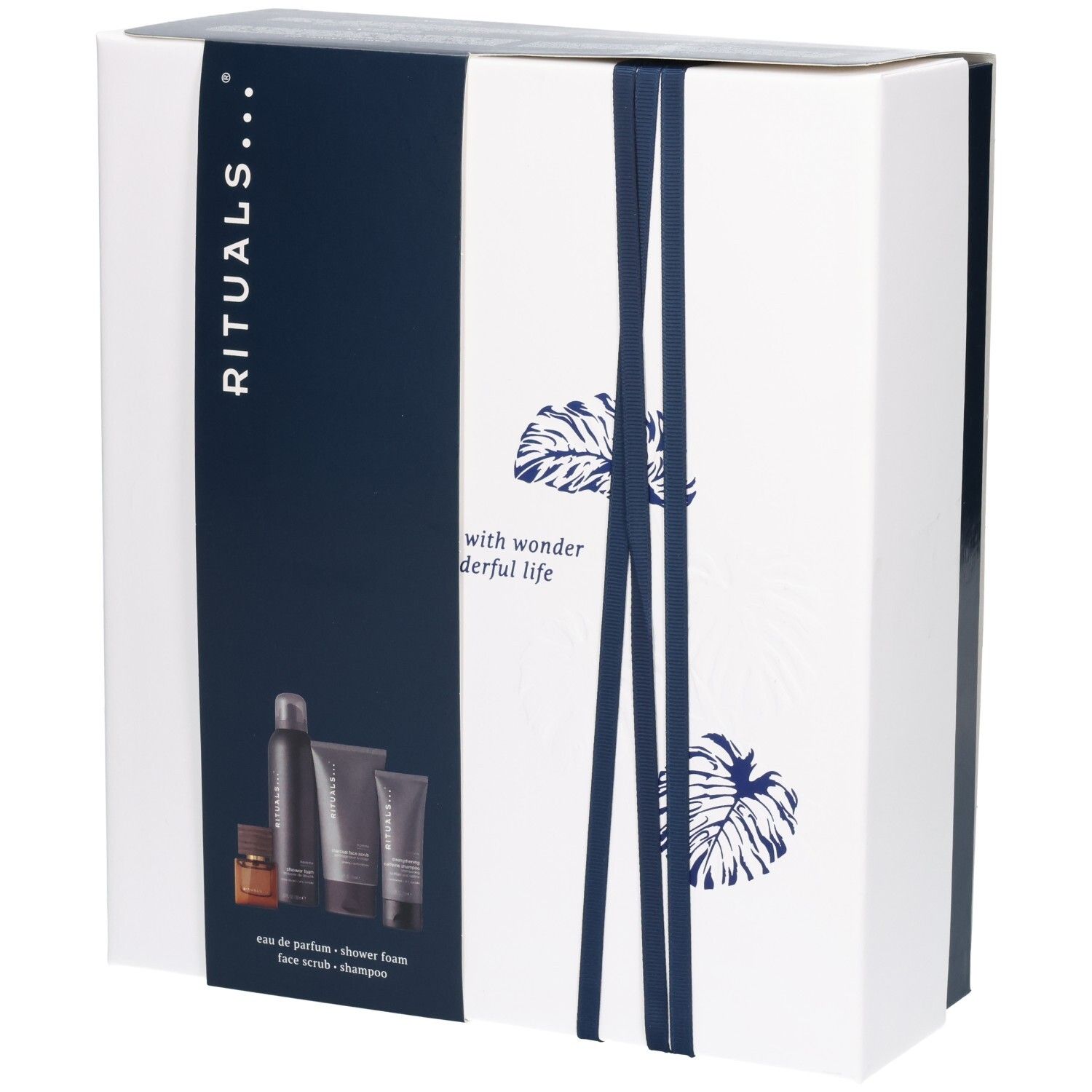 Rituals Homme Set: Mousse de douche, gommage, shampoing et eau de parfum dans un coffret cadeau.