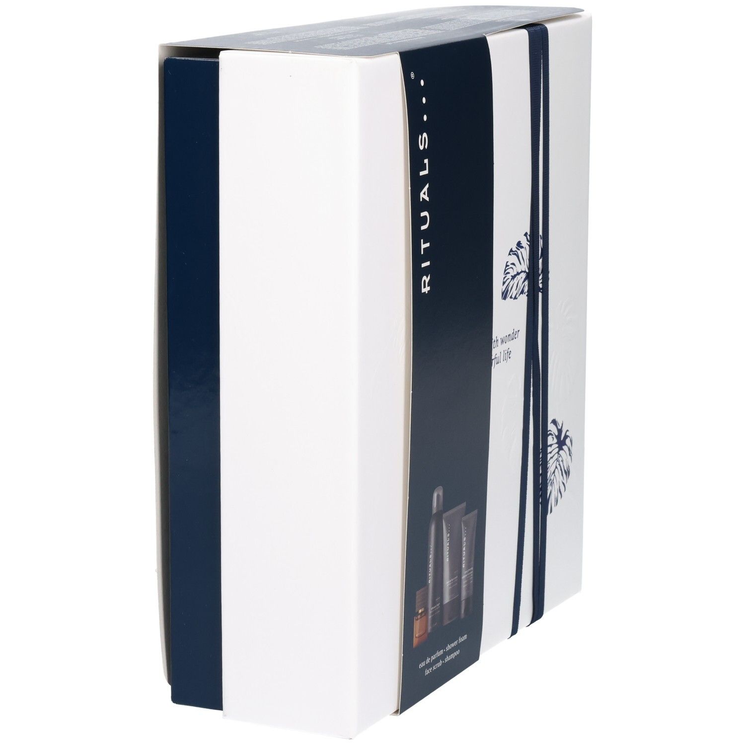 Rituals Homme Set: Boîte cadeau avec rubans bleus et motif de feuilles.