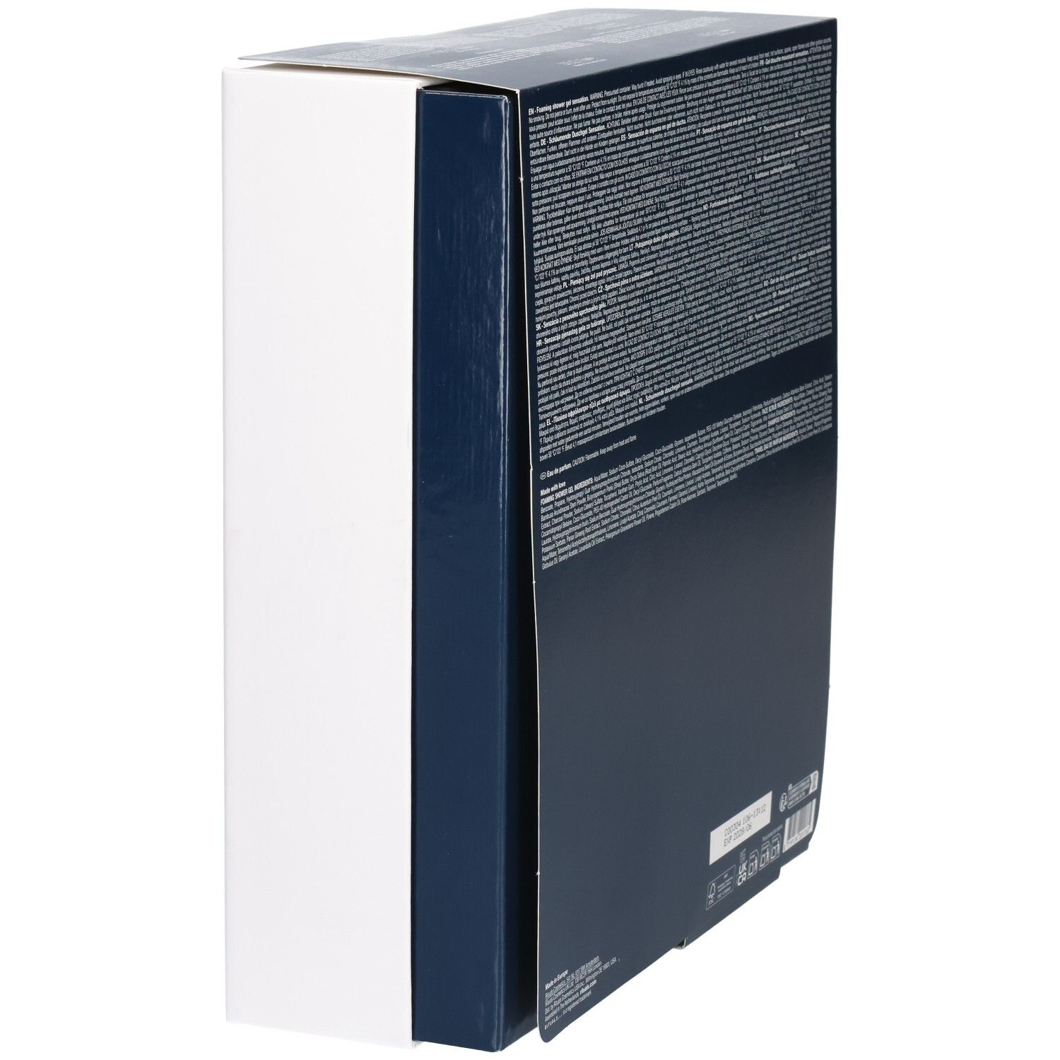 Côté de la boîte cadeau Rituals Homme avec bandeau bleu et motif de feuilles.