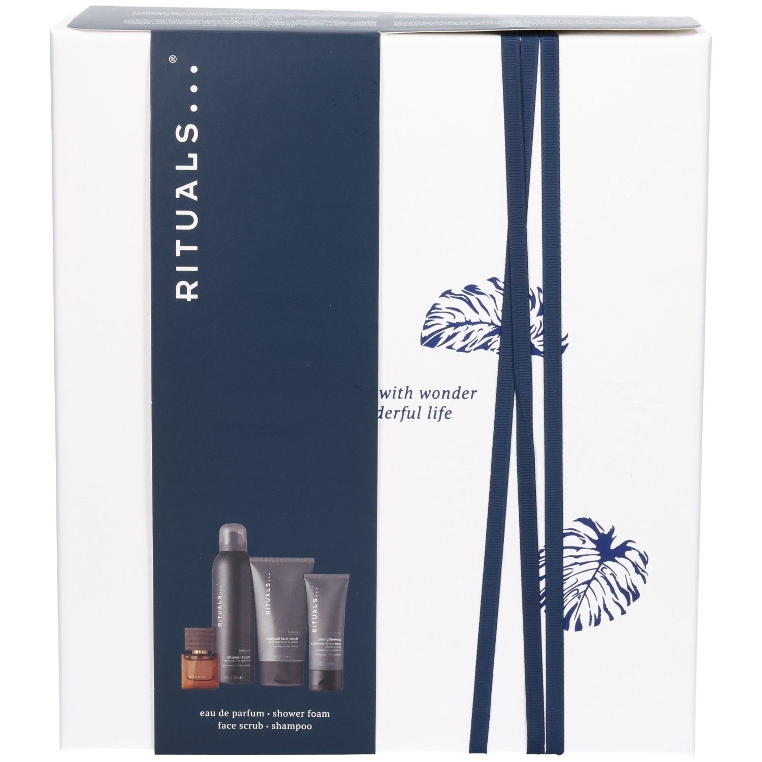 Rituals Homme Set: Mousse de douche, gommage, shampoing et eau de parfum dans un coffret cadeau.