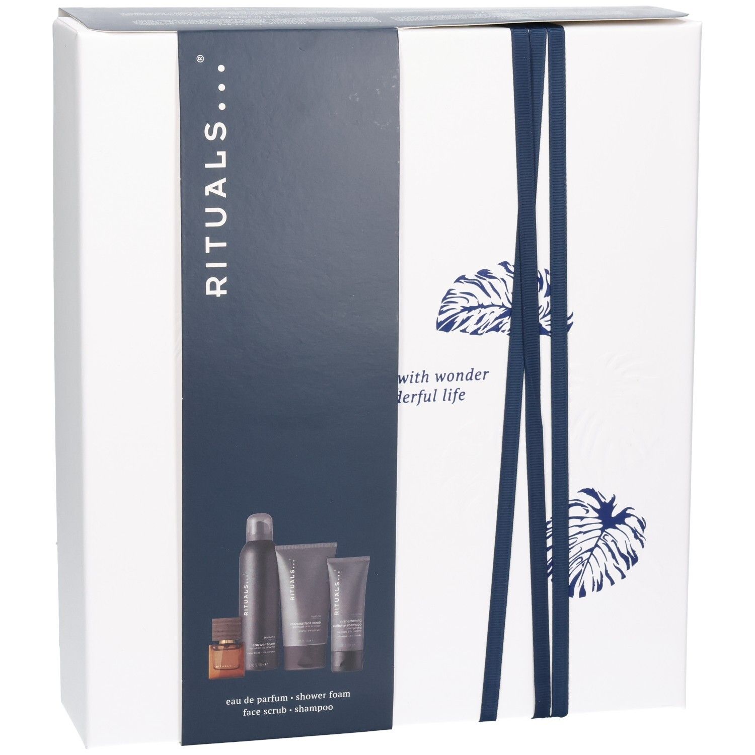 Rituals Homme Set: Mousse de douche, gommage, shampoing et eau de parfum dans un coffret cadeau.