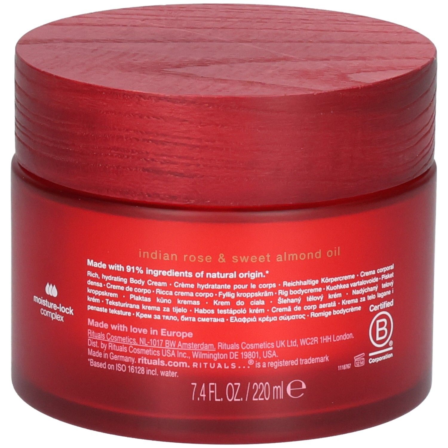 Achterkant van de RITUALS The Ritual of Ayurveda Body Cream pot met gedetailleerde productinformatie en 220ml aanduiding.