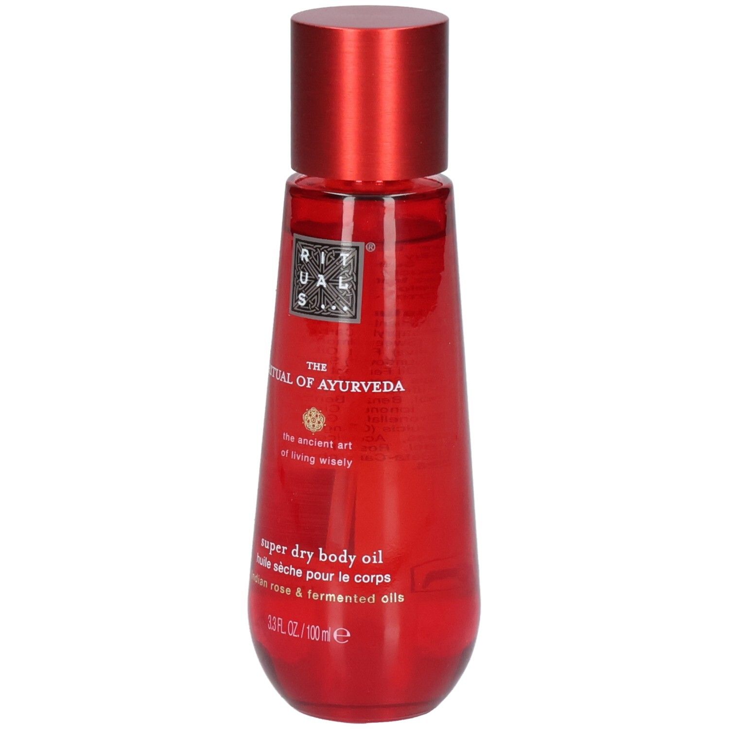 Bouteille rouge avec bouchon rouge, RITUALS The Ritual of Ayurveda Super Dry Body Oil.